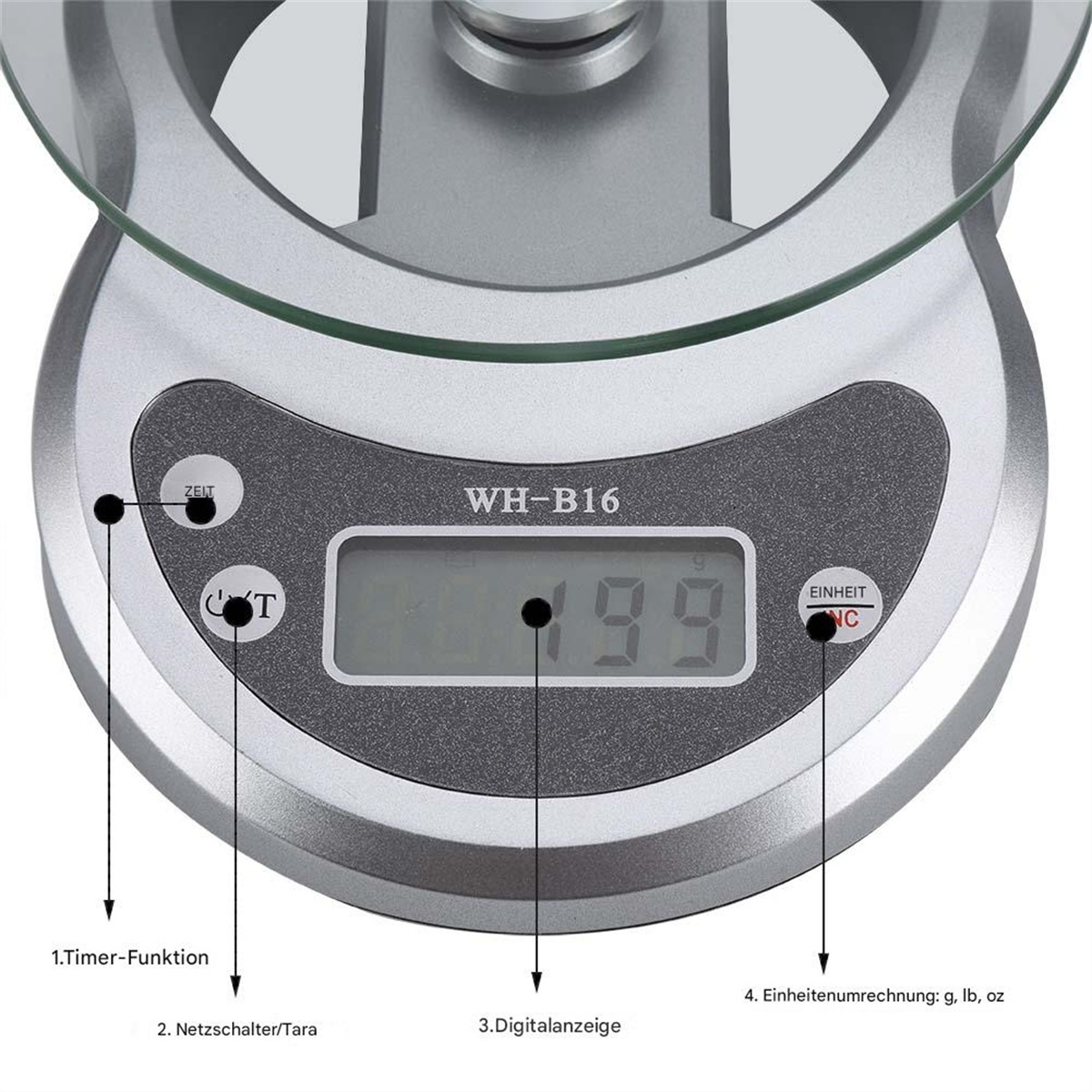 Silberne digitale Küchenwaage mit Glasplatte, Display und Funktionstasten, die ihr Design zeigt.