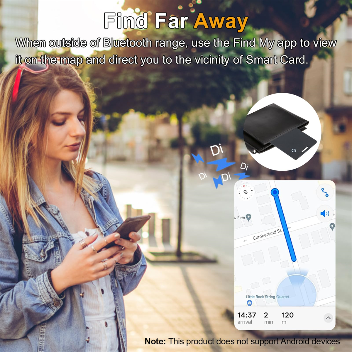 Frau benutzt Telefon. Karte zeigt Standort einer Smart Card. Text: "Find Far Away".