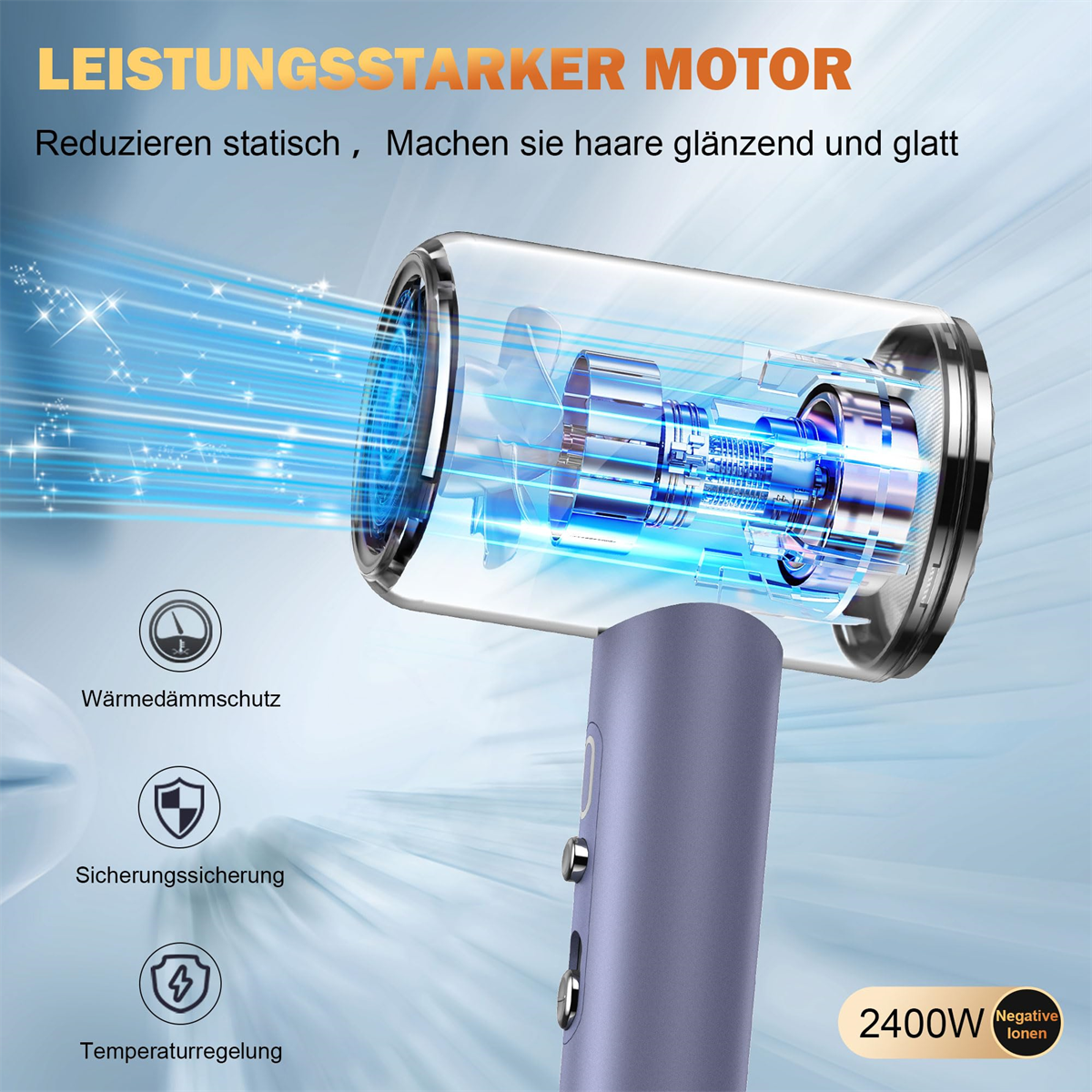Haartrockner mit Text über seine Eigenschaften. Es hat ein blaues und graues Farbschema. Weißer Hintergrund.