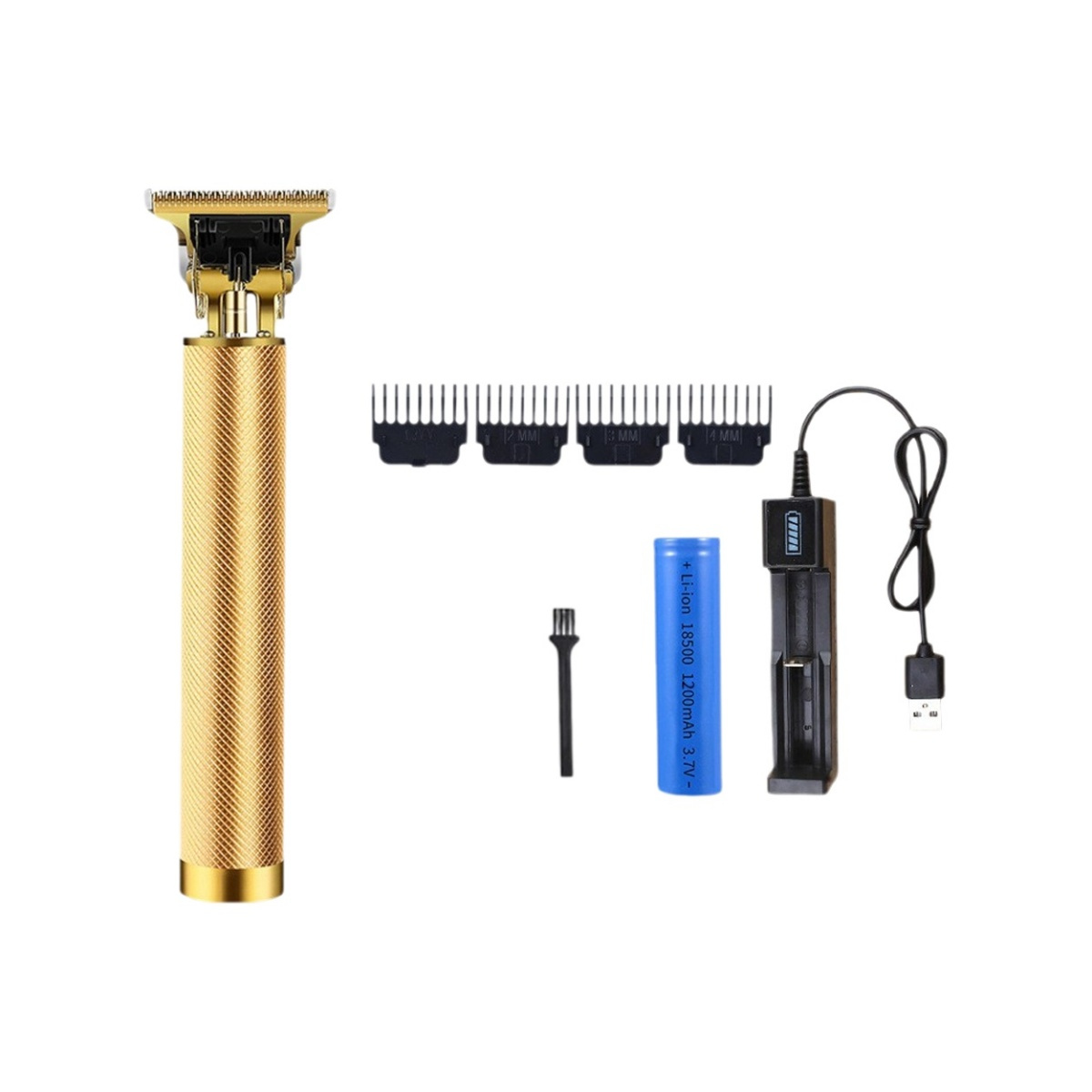 Goldfarbener elektrischer Haartrimmer mit Aufsätzen, Akku und Ladegerät, weißer Hintergrund.