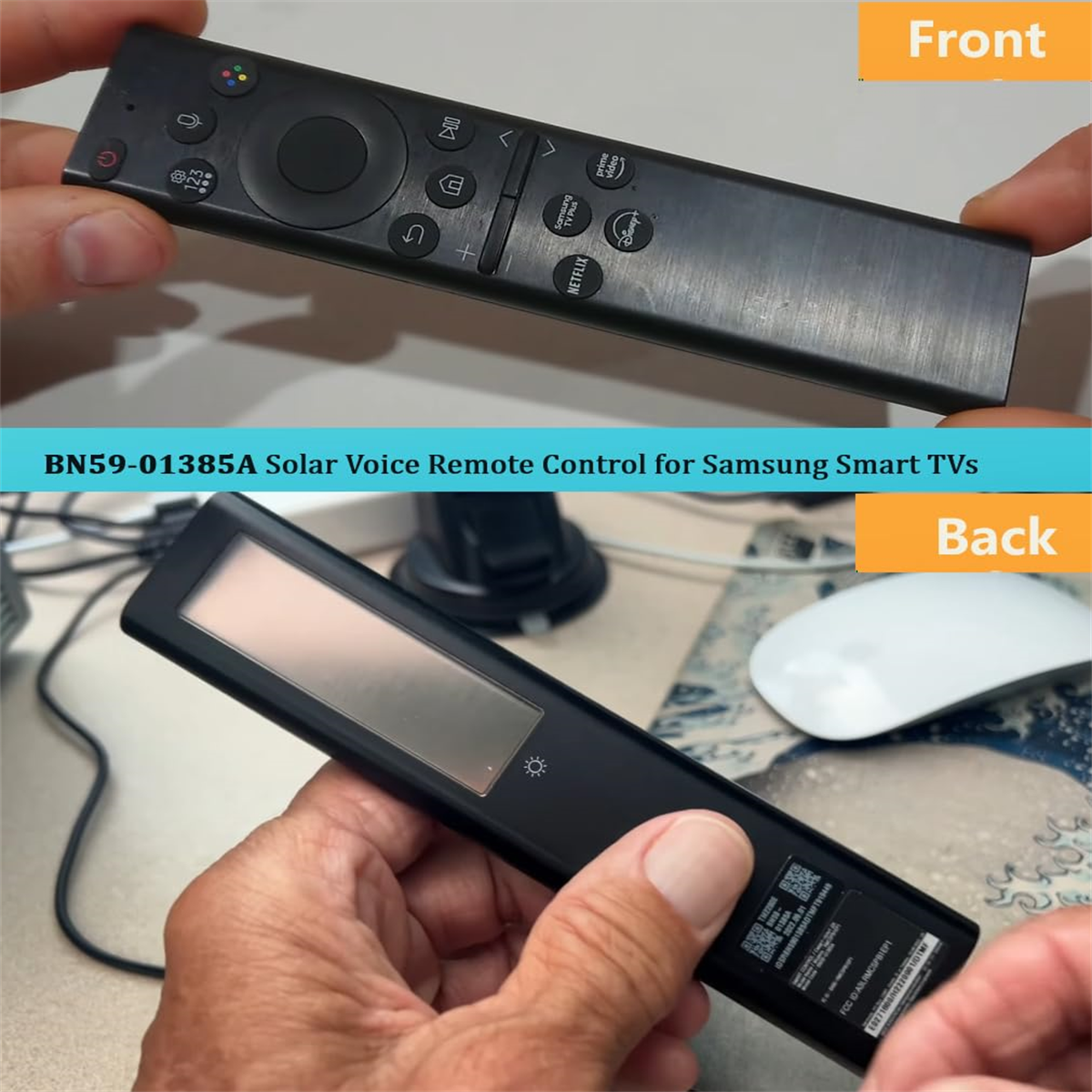 Eine Samsung Solar-Sprachfernbedienung, Vorder- und Rückansicht. Von Händen gehalten. Weißer Hintergrund.