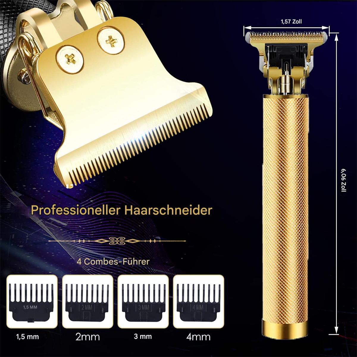 Goldfarbener Haarschneider mit Klingen, vier Kammaufsätzen und angezeigten Abmessungen.