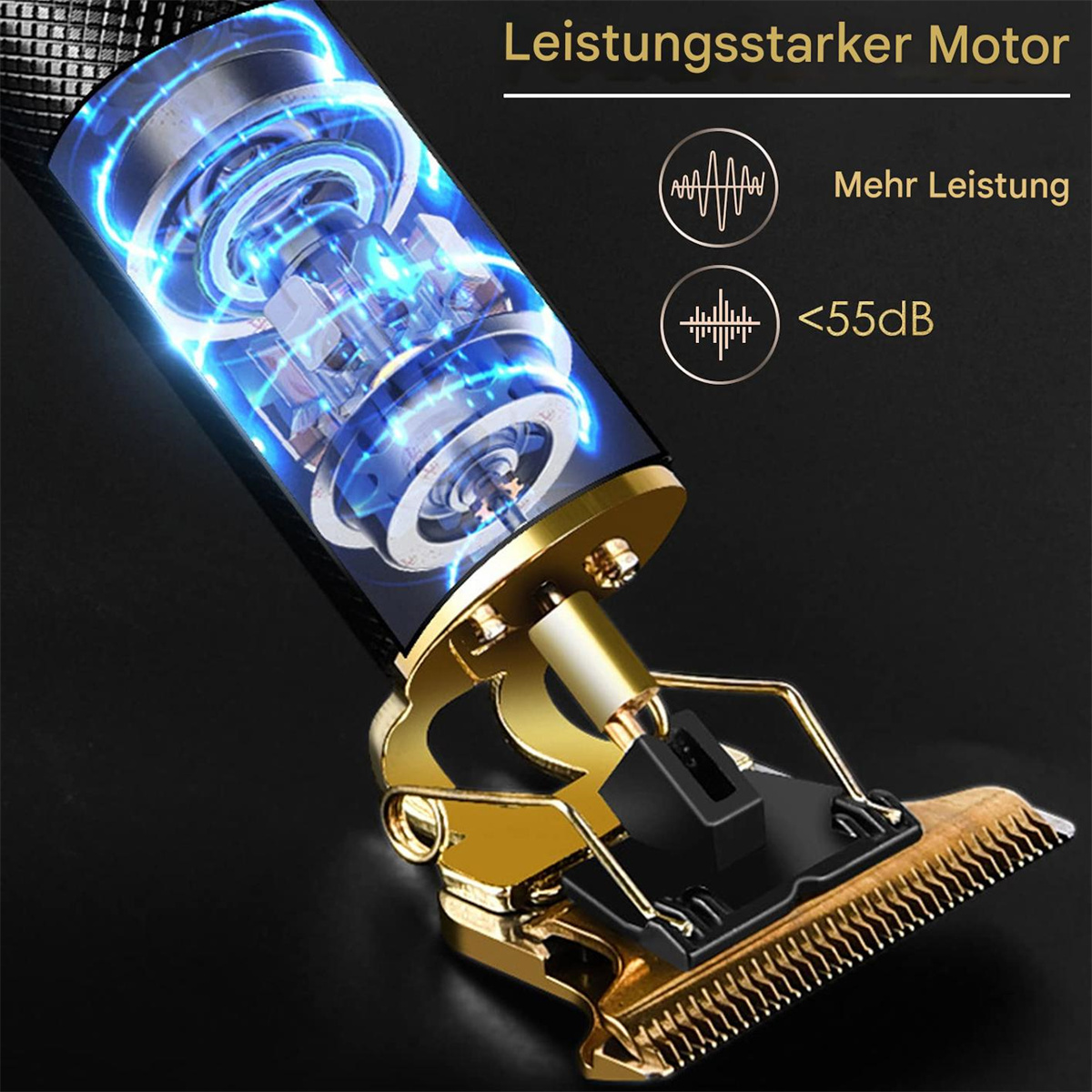 Ein goldener Haarschneider zeigt Innenteile, Klinge und einen goldenen Griff. Schwarzer Hintergrund.