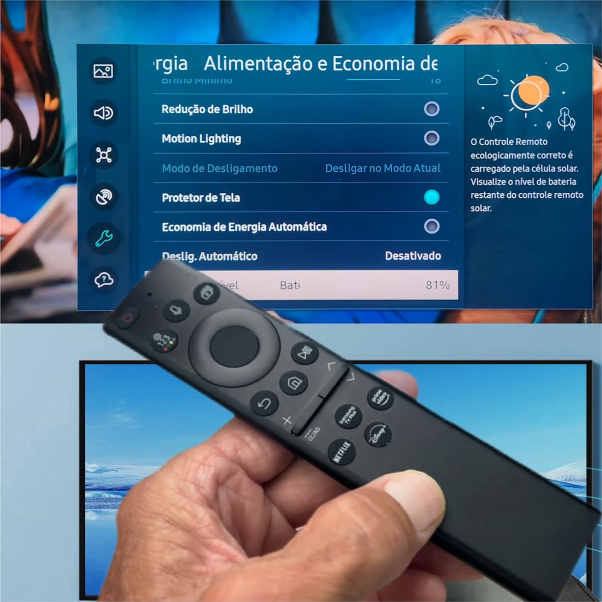 Person hält Fernbedienung und TV-Bildschirm mit Einstellungen. Weißer Hintergrund. Portugiesischer Text.