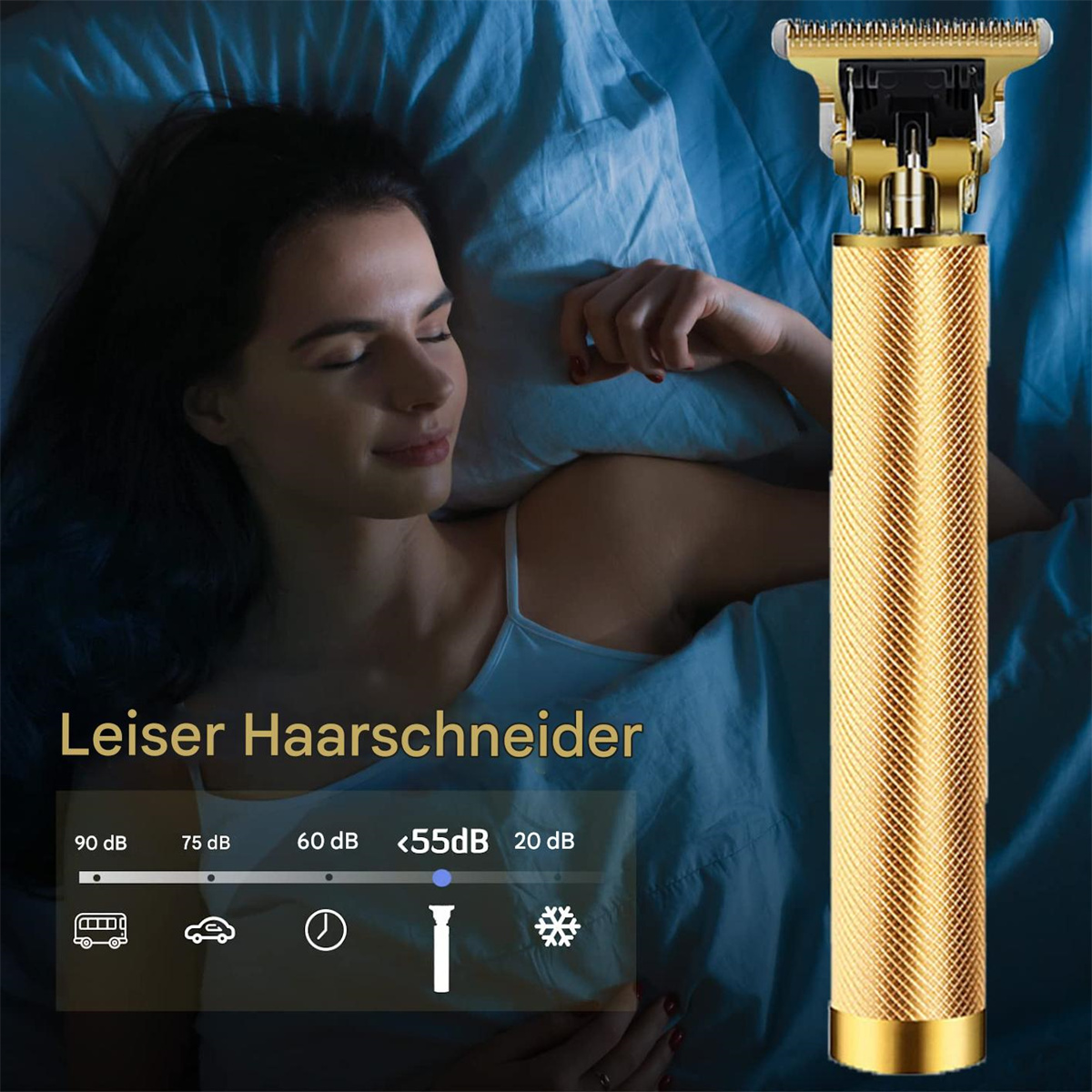 Frau schläft im Bett, goldener Haarschneider in der Nähe.