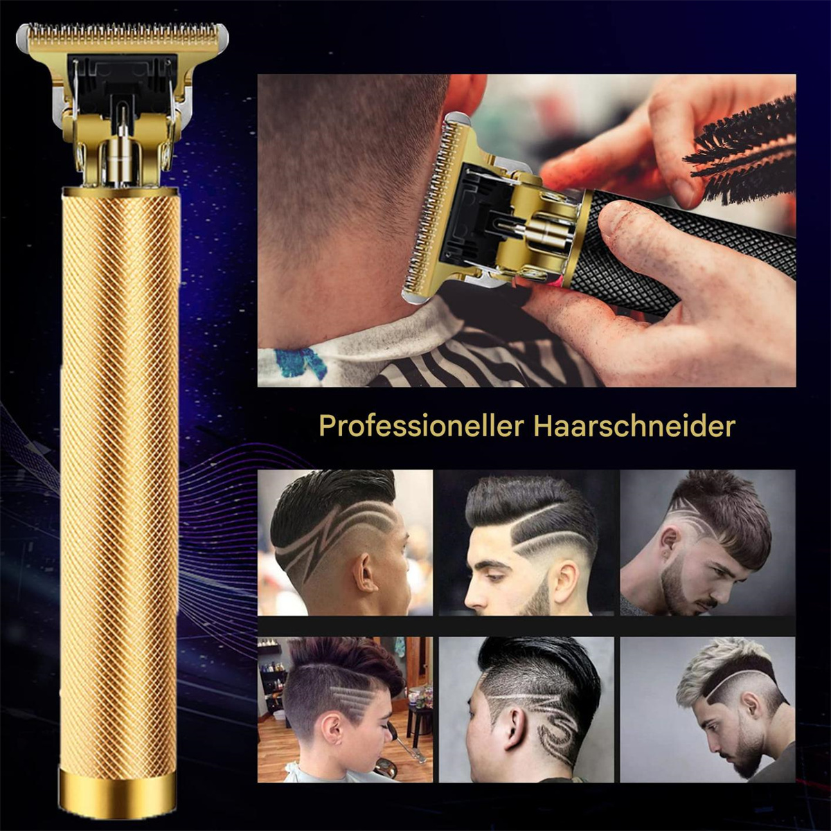 Goldener Haarschneider und Beispiele für Haarstyling. Zeigt verschiedene Haardesigns, einschließlich Fades und Muster.
