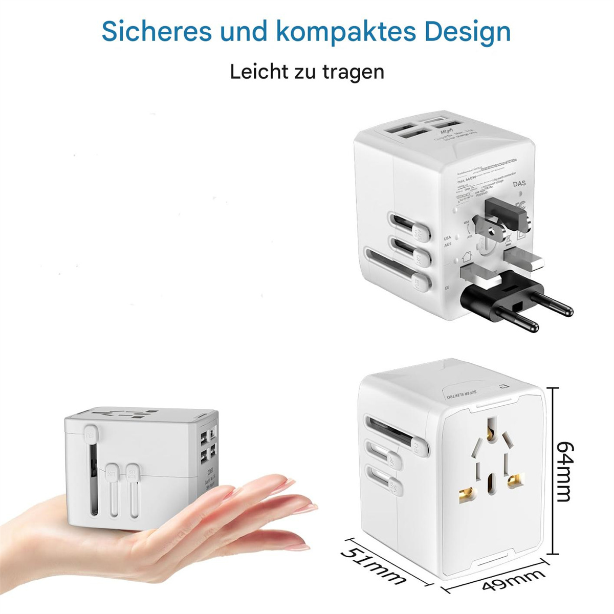 Weißer Reiseadapter mit mehreren Anschlüssen und Steckern, einschließlich Abmessungen. Text auf Deutsch.