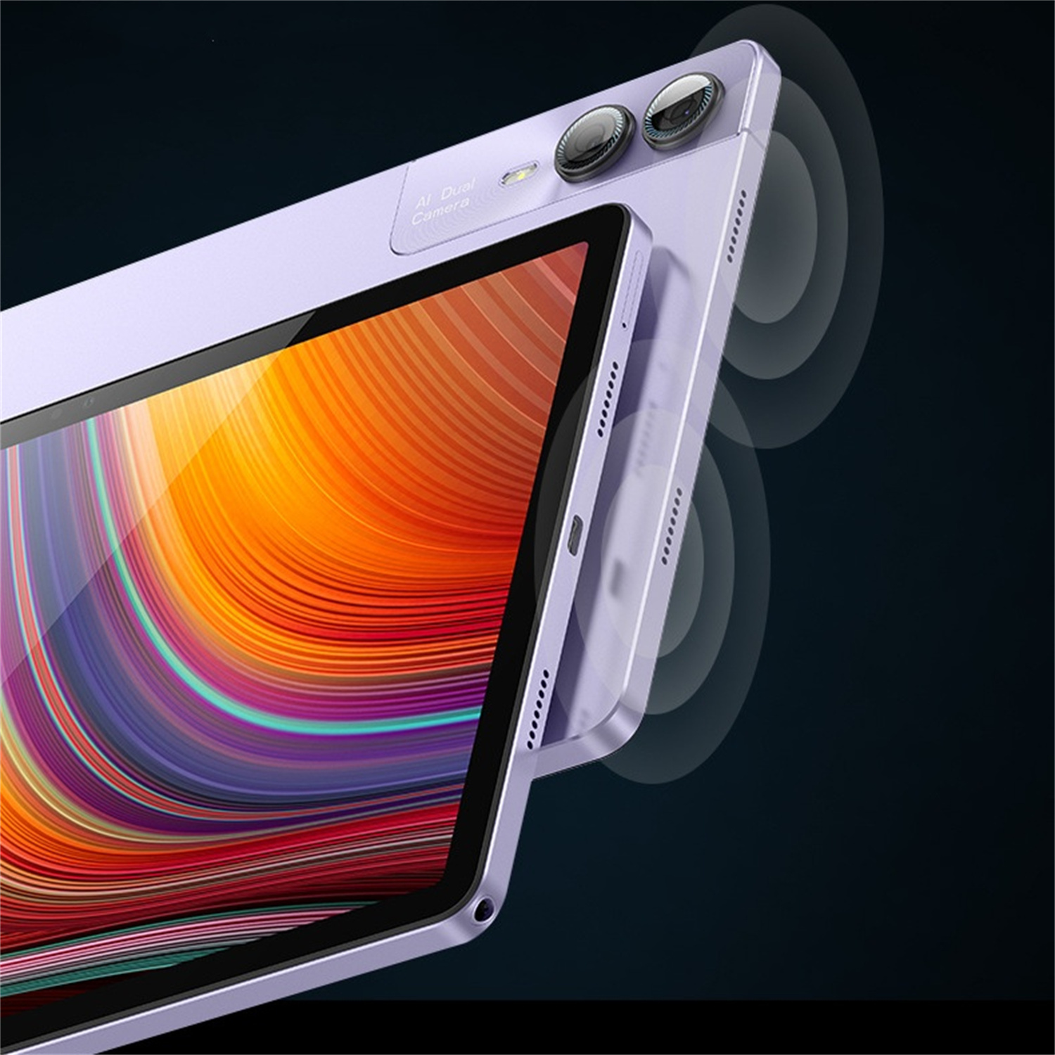 Ein lila Tablet mit Dual-Kameras, das die Seiten- und Rückansicht zeigt.