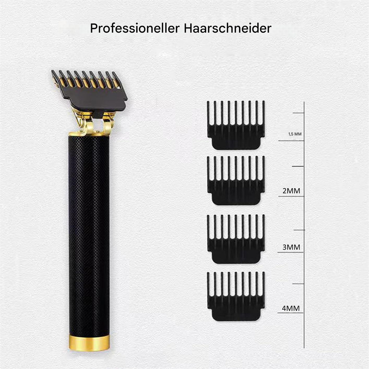 Haarschneider mit Kämmen in verschiedenen Größen. Weißer Hintergrund.