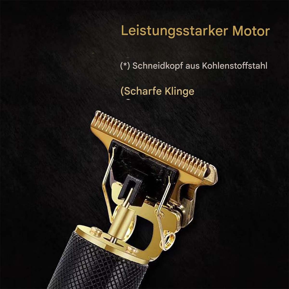 Nahaufnahme eines gold-schwarzen Haarschneiders mit scharfer Klinge. Er befindet sich auf einem schwarzen Hintergrund.