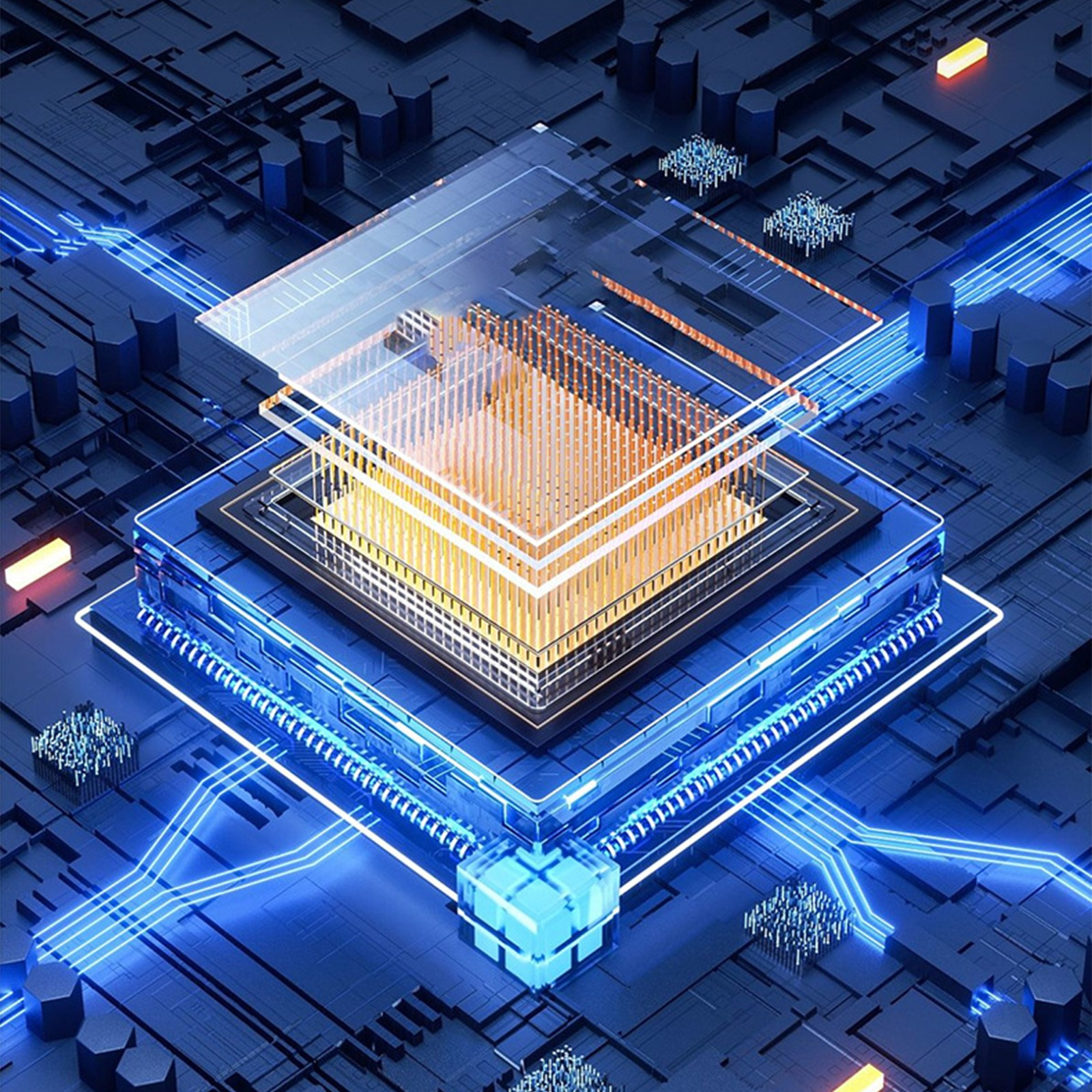 Eine digitale Leiterplatte mit blauen und orangefarbenen Lichtern und einem zentralen Prozessor.