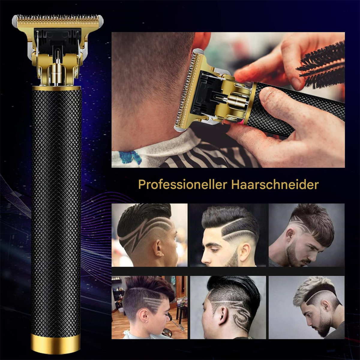 Haarschneider mit Gold- und Schwarzdesign, zusätzliche Bilder zeigen Haarschnittstile.
