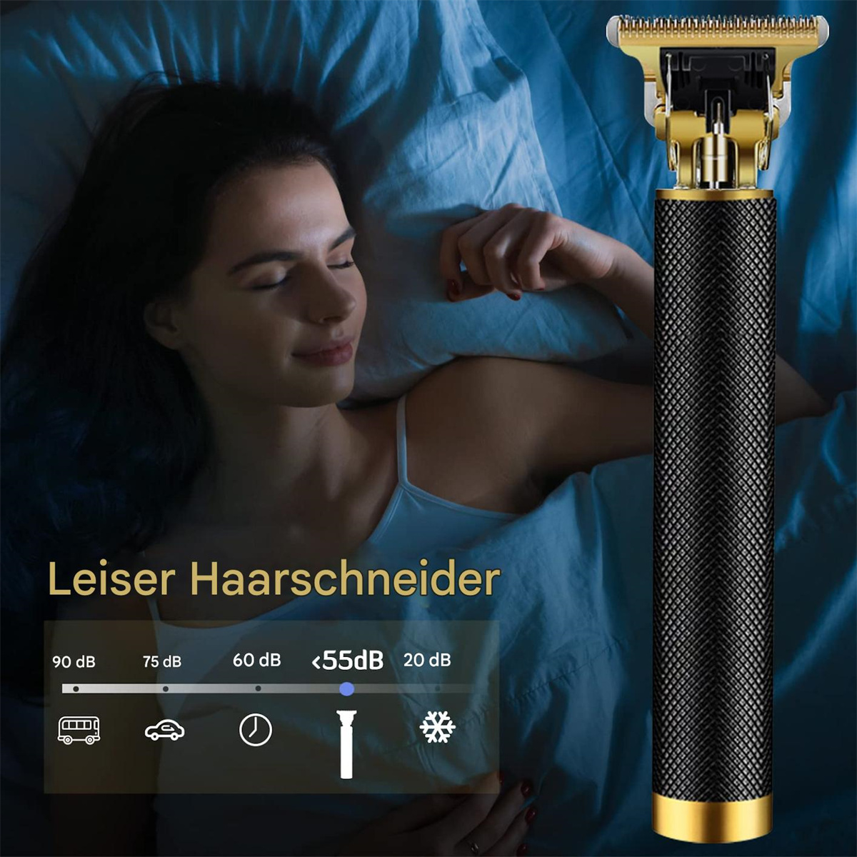 Friedlich schlafende Frau mit Leiser Haarschneider, und Geräuschpegel unter 55dB.