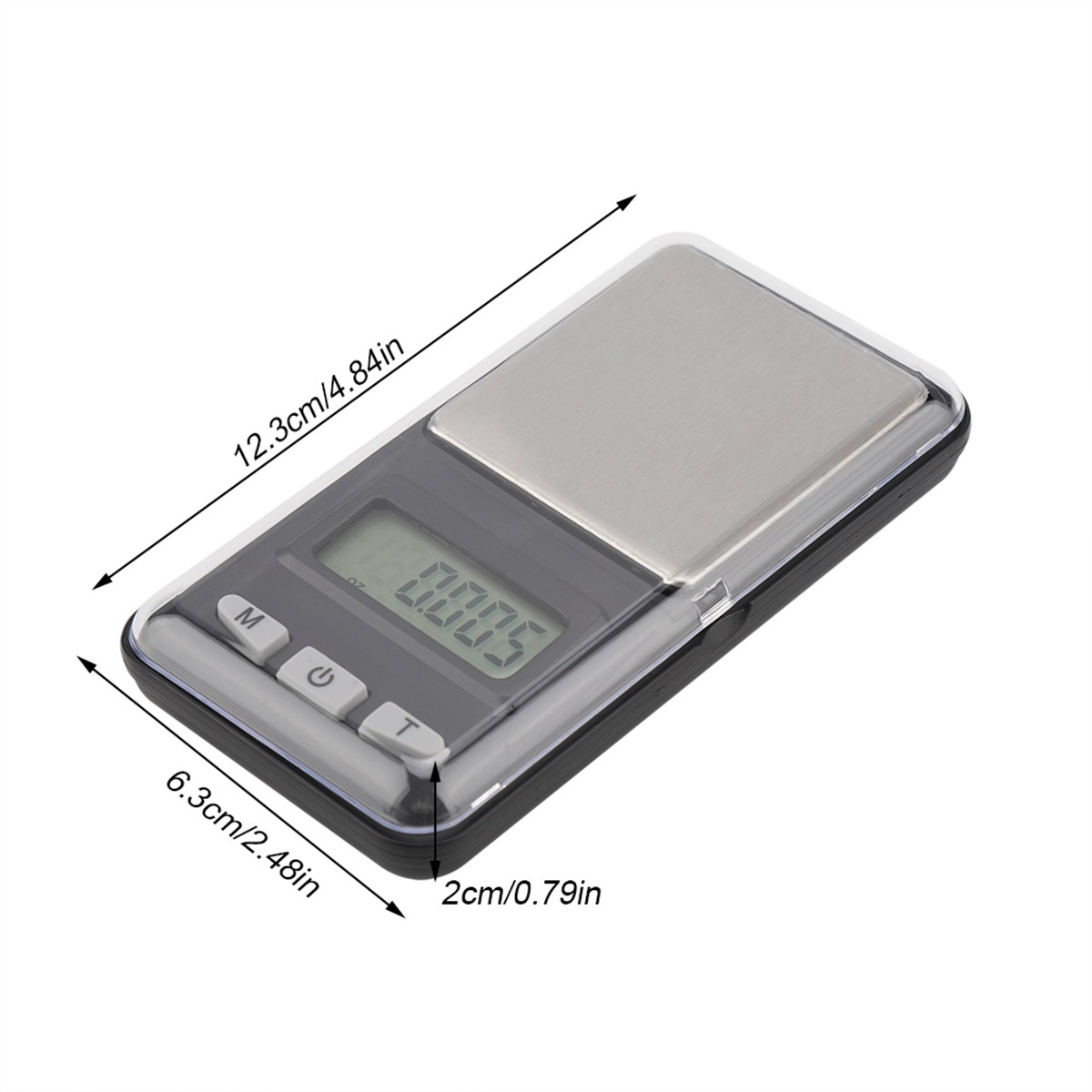 Eine kleine digitale Waage. Sie ist schwarz mit einer silbernen Wiegefläche. Maße: 12,3 cm/4,84 Zoll x 6,3 cm/2,48 Zoll x 2 cm/0,79 Zoll.