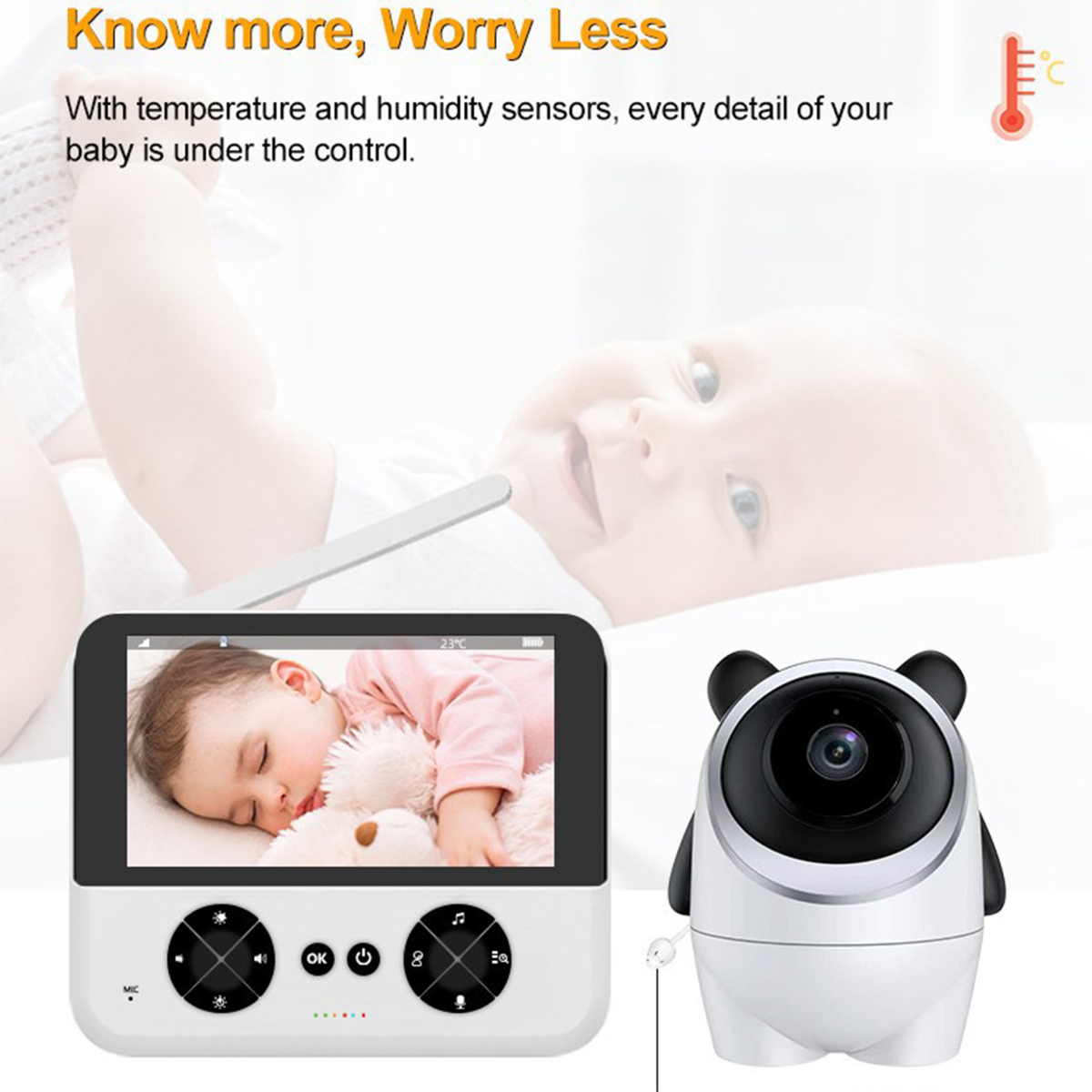 Babyphone mit schlafendem Baby auf dem Bildschirm und einer panda-förmigen Kamera. Text: Know more, Worry Less.