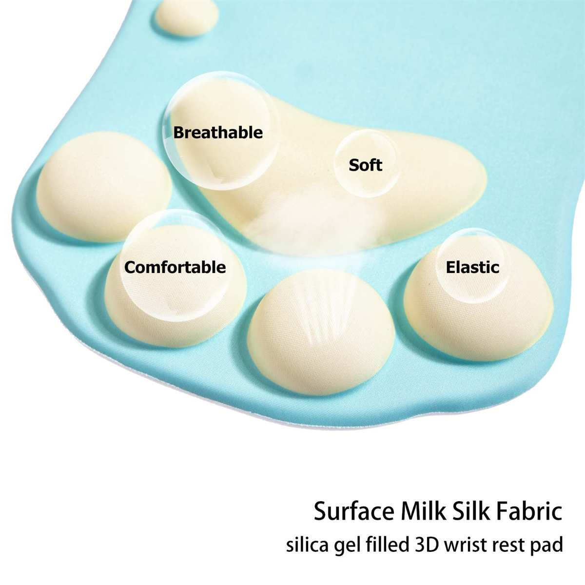 Eine blaue Handgelenkauflage mit weichen, atmungsaktiven Pads, beschriftet mit 'bequem' und 'elastisch'.