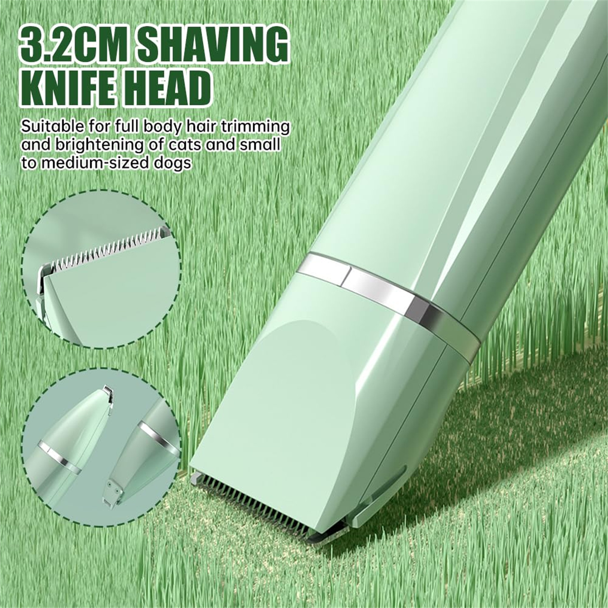 Ein mintgrüner Haarschneider mit Nahaufnahme der Klinge auf einem Gras-Hintergrund.
