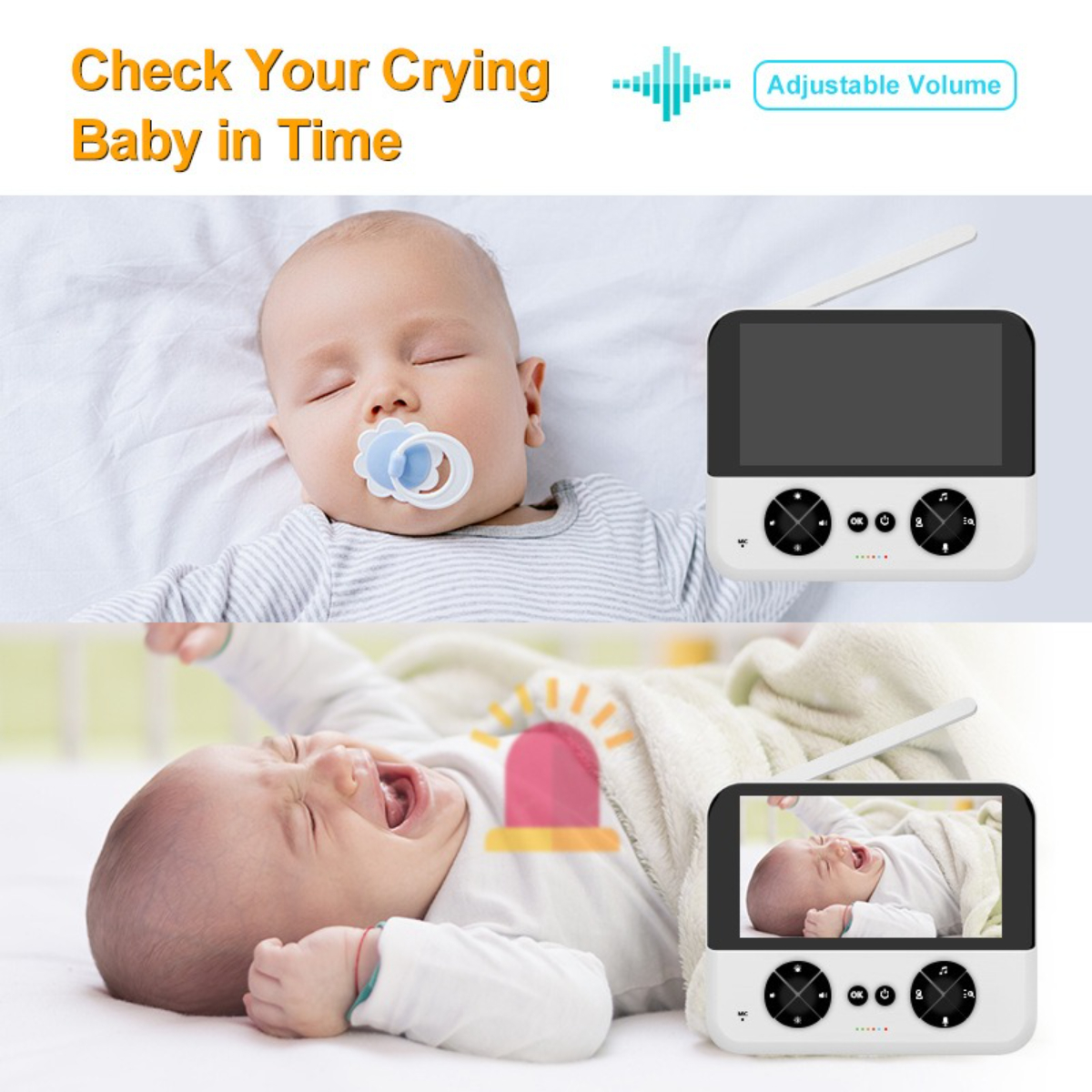 Ein Babyphone mit einem schlafenden und einem weinenden Baby.