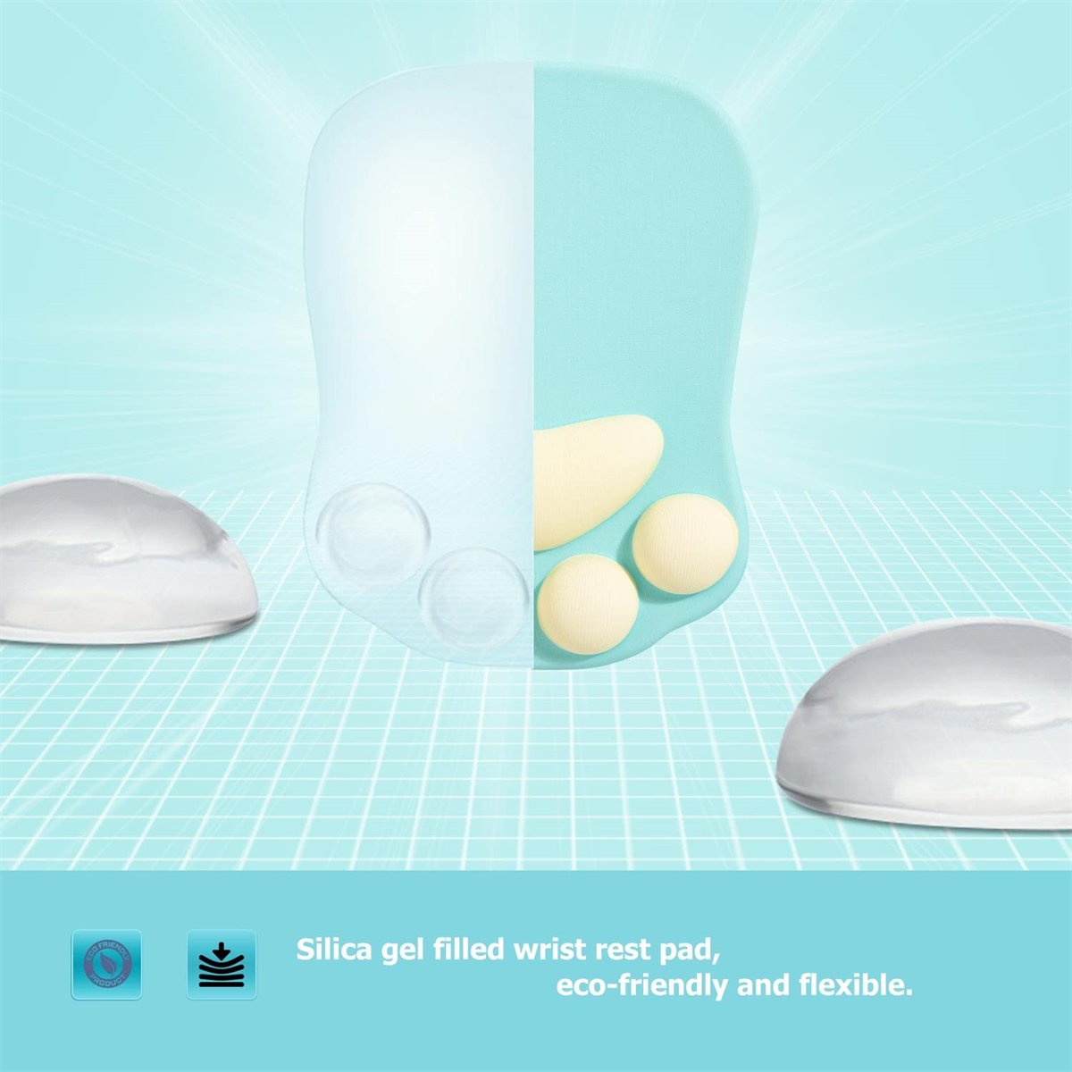 Blau-weißes handförmiges Handgelenk-Ruhekissen mit gelben Pfotenpolstern. Zwei silberne Gel-Pads an den Seiten.
