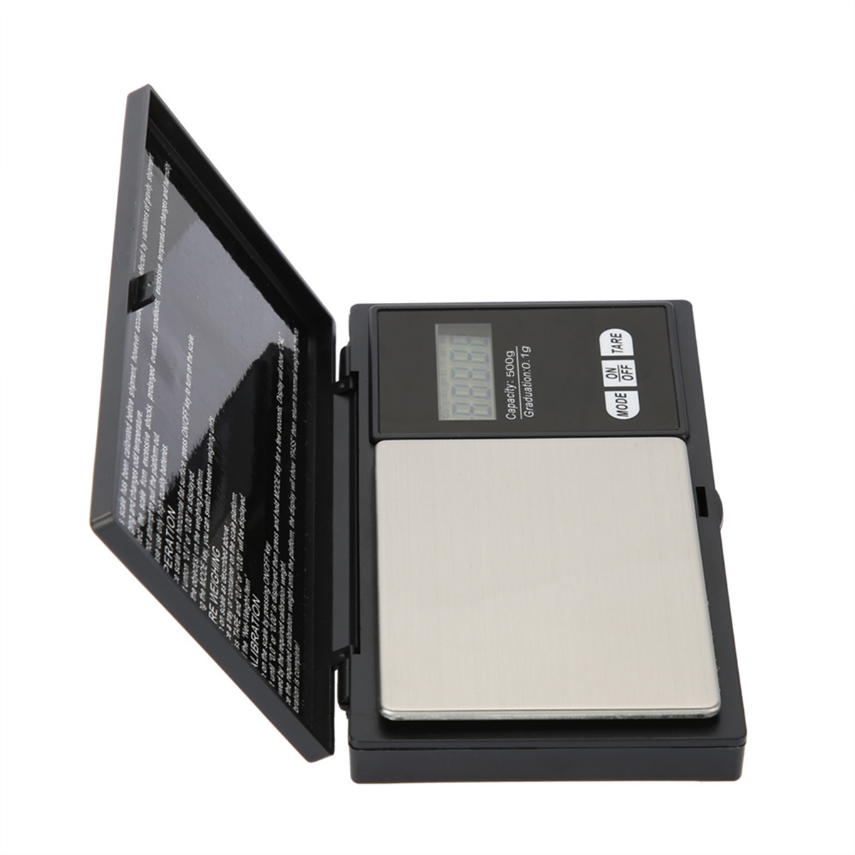 Digitale Taschenwaage, geöffnet, zeigt Zahlen an. Text: Kapazität 500g, Teilung 0,1g.