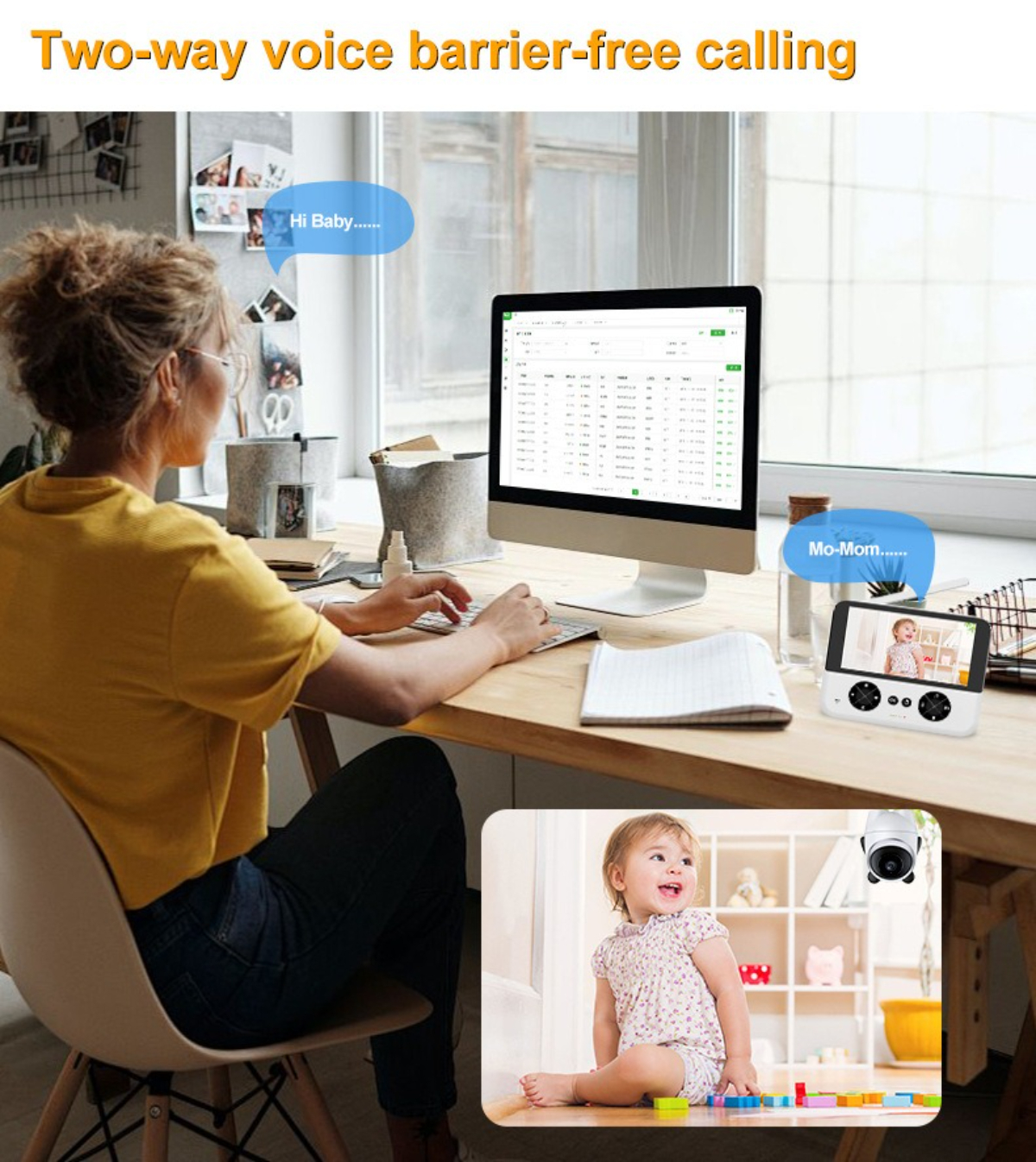 Eine Frau am Computer, ein Baby auf einem Monitor und ein Baby auf dem Boden. Text: 'Zwei-Wege-Sprachbarrierefrei'.