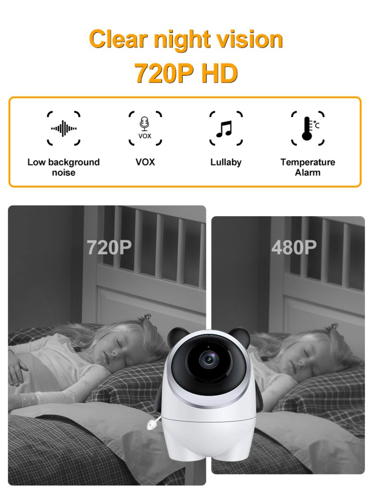 Nachtsicht-Babyphone mit einem schlafenden Baby im Kinderbett auf dem Bildschirm.