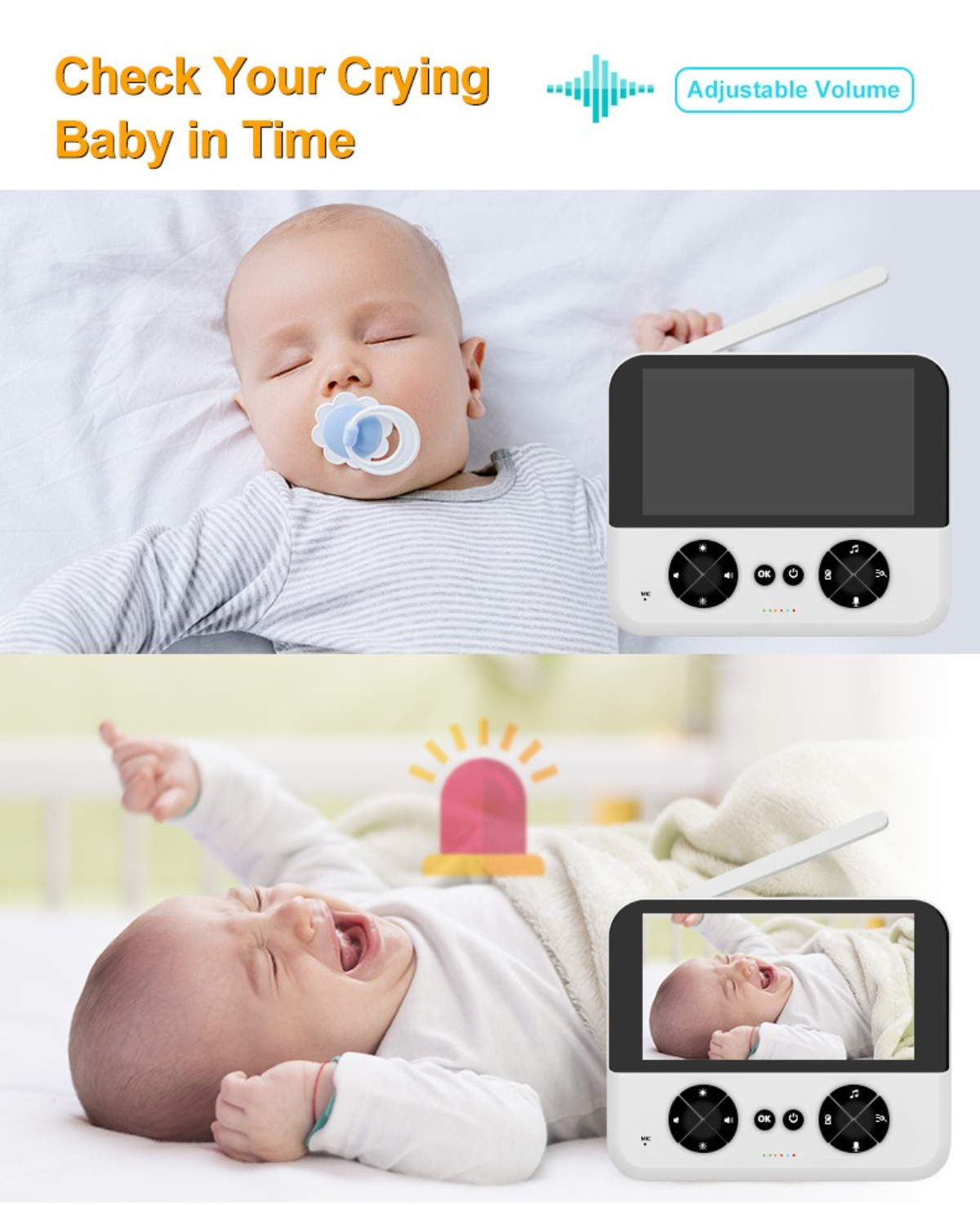Ein Babyphone, das ein schlafendes und dann weinendes Baby zeigt. Der Monitor zeigt das Bild des Babys.
