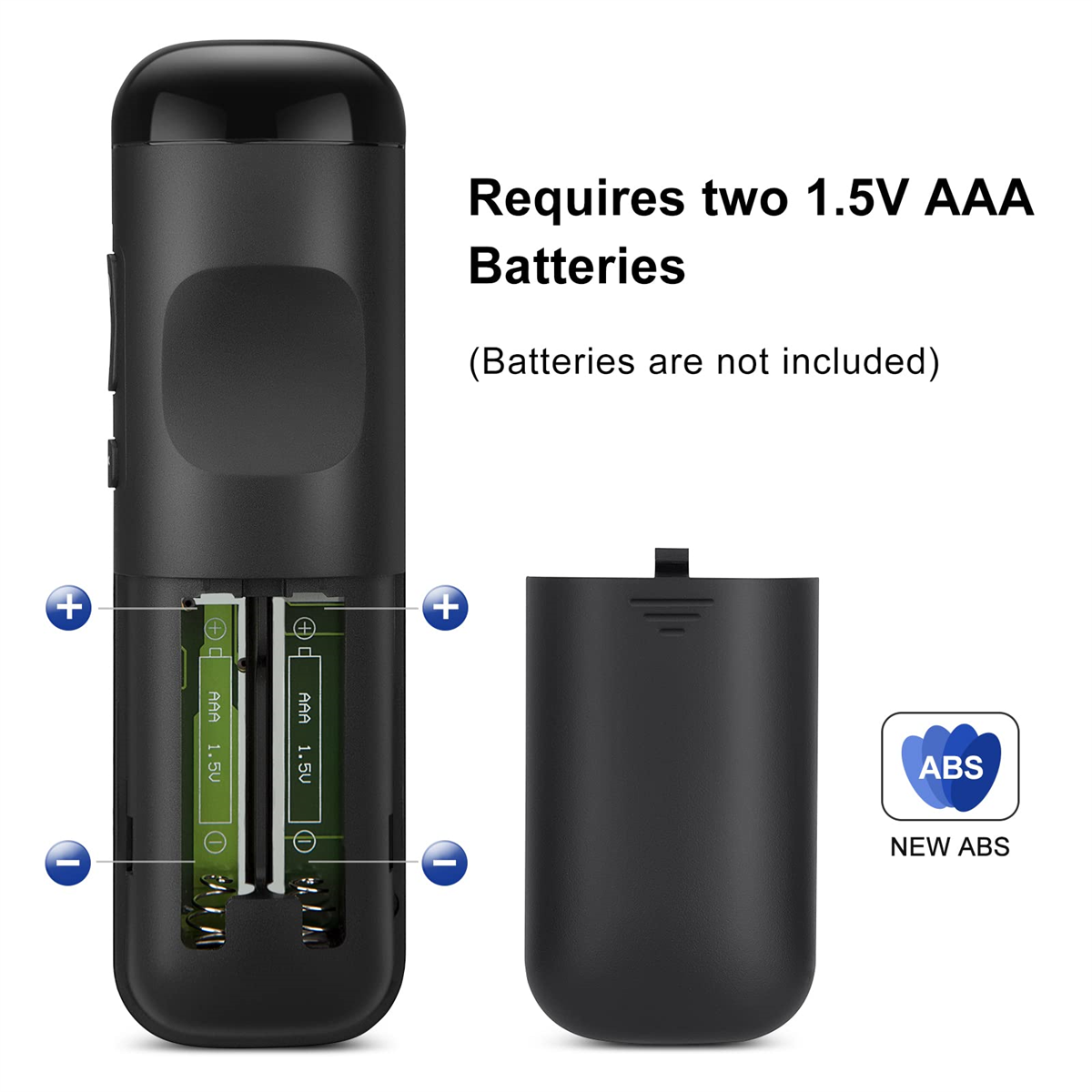 Rückseite einer Fernbedienung mit zwei 1,5-V-AAA-Batterien und der Batterieabdeckung.