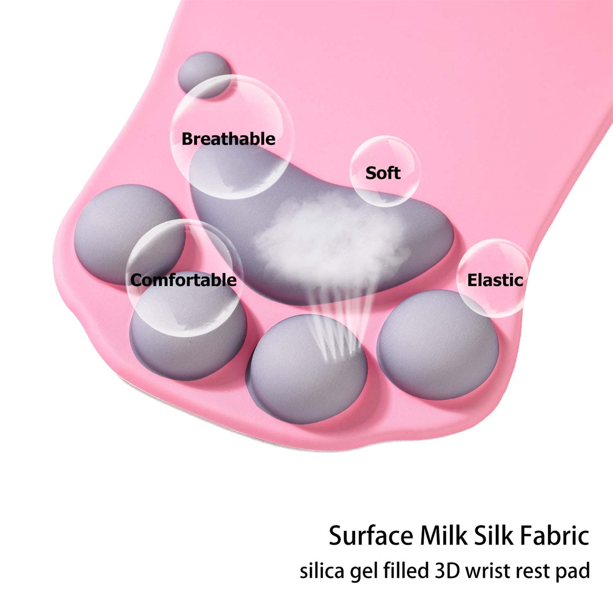 Rosa Handgelenkstütze mit grauen Pads. Text über Weichheit, Atmungsaktivität, Komfort und Elastizität.