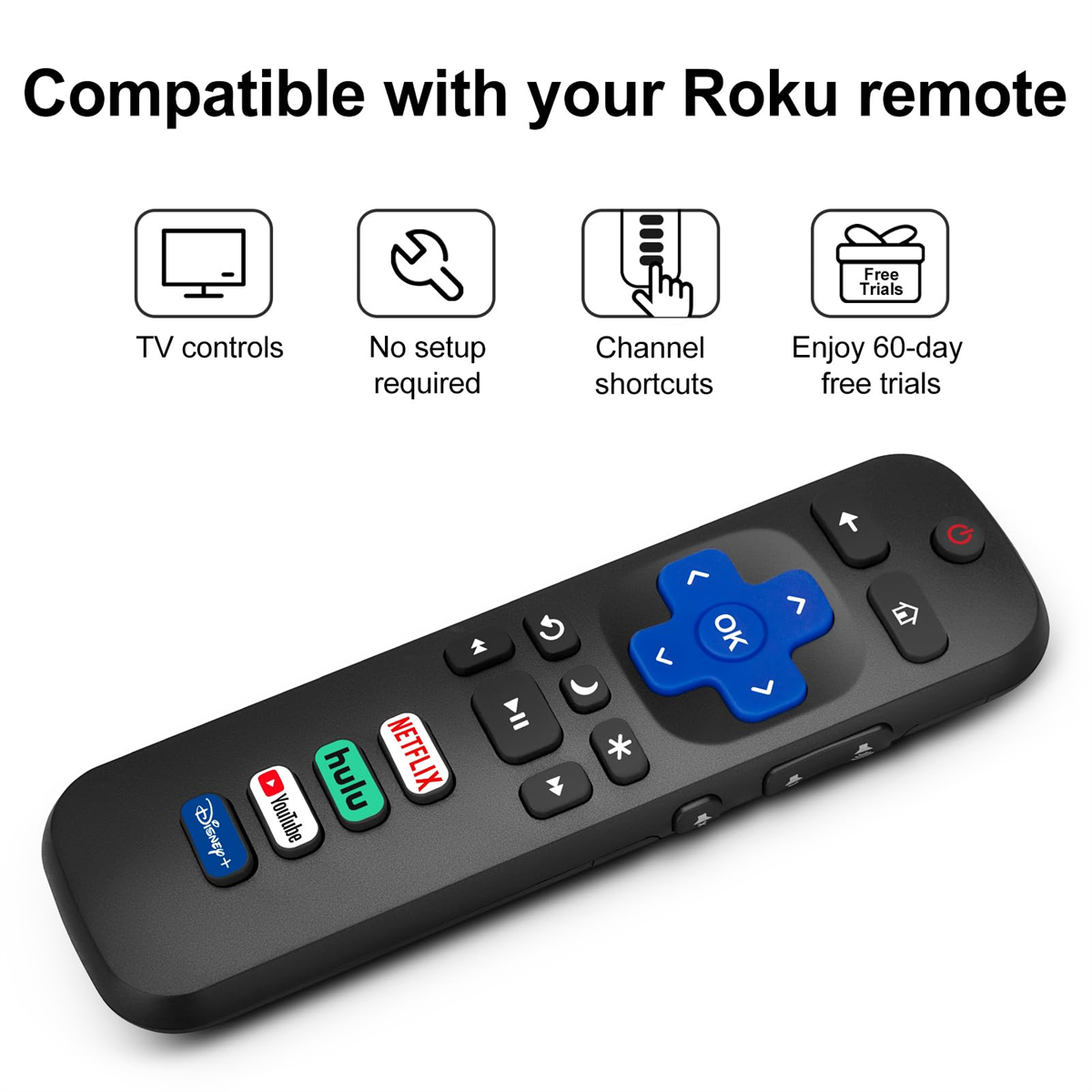 Roku TV-Fernbedienung mit Symbolen und Tasten. Enthält Kanalverknüpfungen und kostenlose Testangebote.