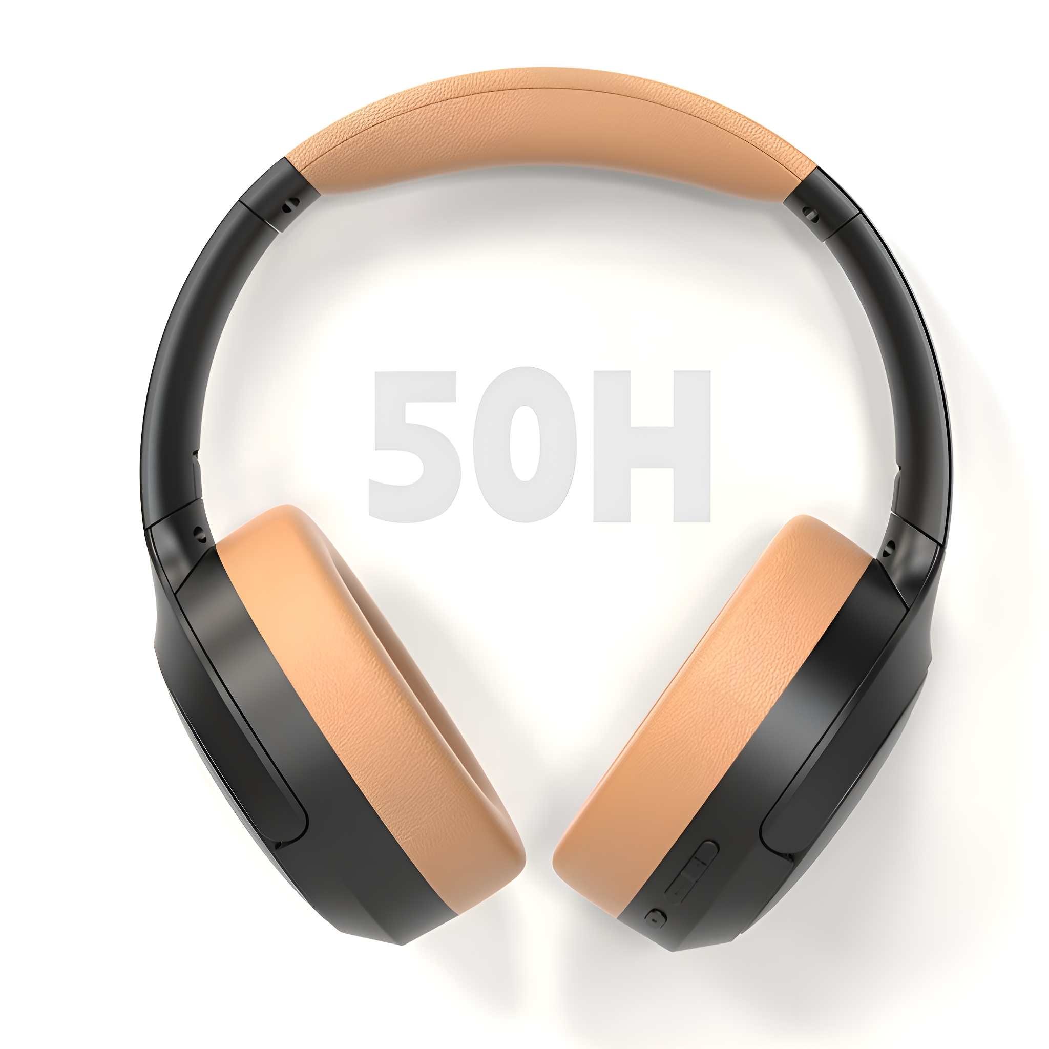 Over-Ear-Kopfhörer, schwarz und beige, mit '50H' in Grau.