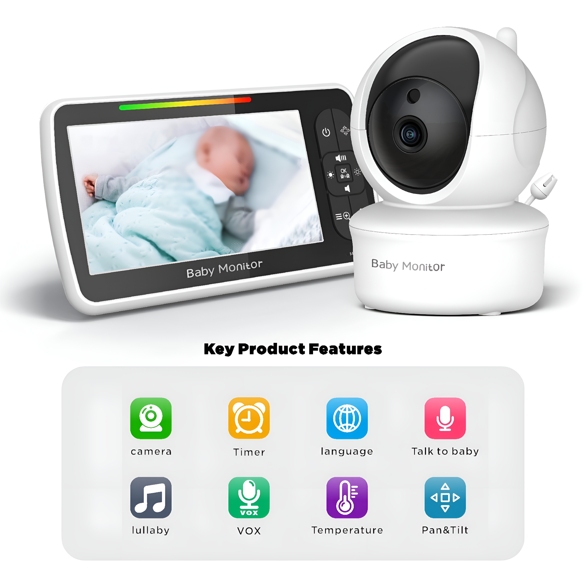 Babyphone mit Kamera und Display, zeigt schlafendes Baby, wichtige Funktionen.