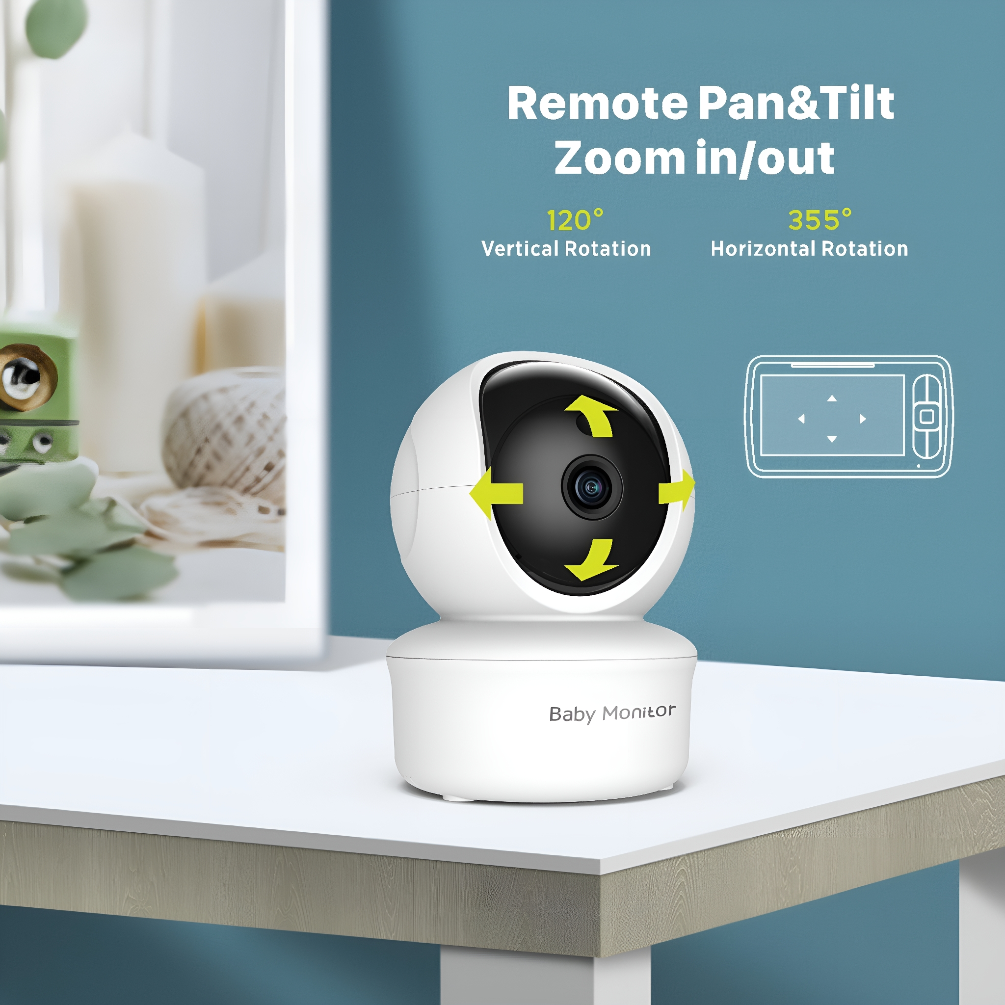 Ein weißer Babyphone auf einem weißen Tisch. Pfeile zeigen Fernbedienung, Schwenken, Neigen und Zoom an.