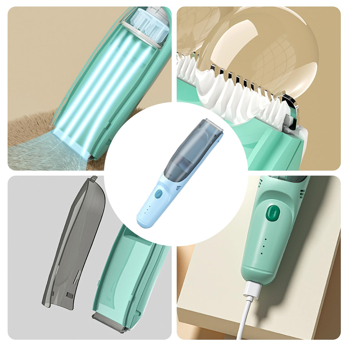 Collage von Details eines Tierpflege-Trimmers, der sich auf die Schneidklingen und Reinigungsfunktionen konzentriert.