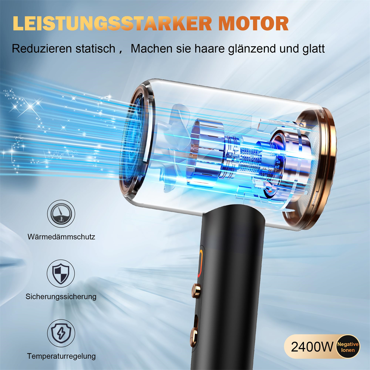 Haartrockner mit schwarzem Griff, goldenen Details und blauem Licht, mit Symbolen.