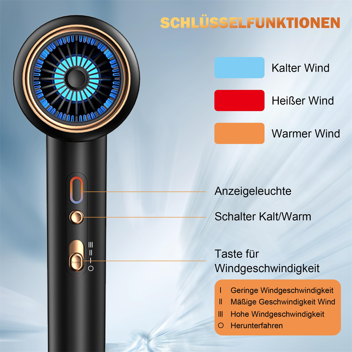 Schwarzer und goldener Haartrockner mit Knöpfen und Farbindikatoren. Text auf Deutsch.
