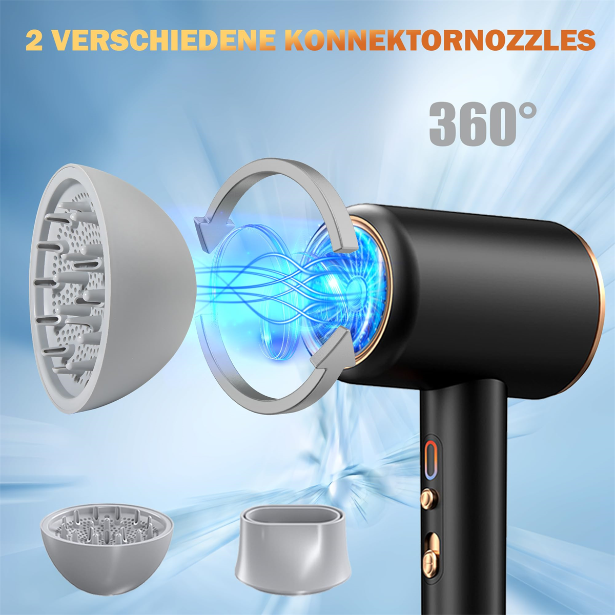 Haartrockner mit zwei Düsen, Pfeile, die den Luftstrom zeigen, und eine 360-Grad-Ansicht.