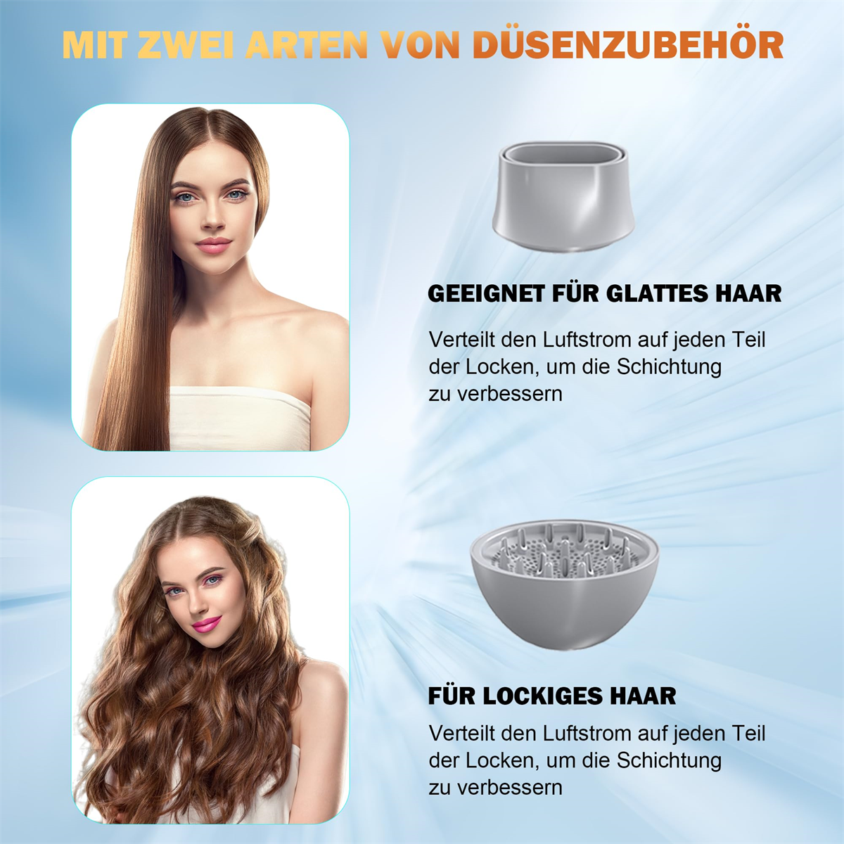 Bilder von zwei Frauen mit verschiedenen Frisuren und Haartrocknerdüsentypen.