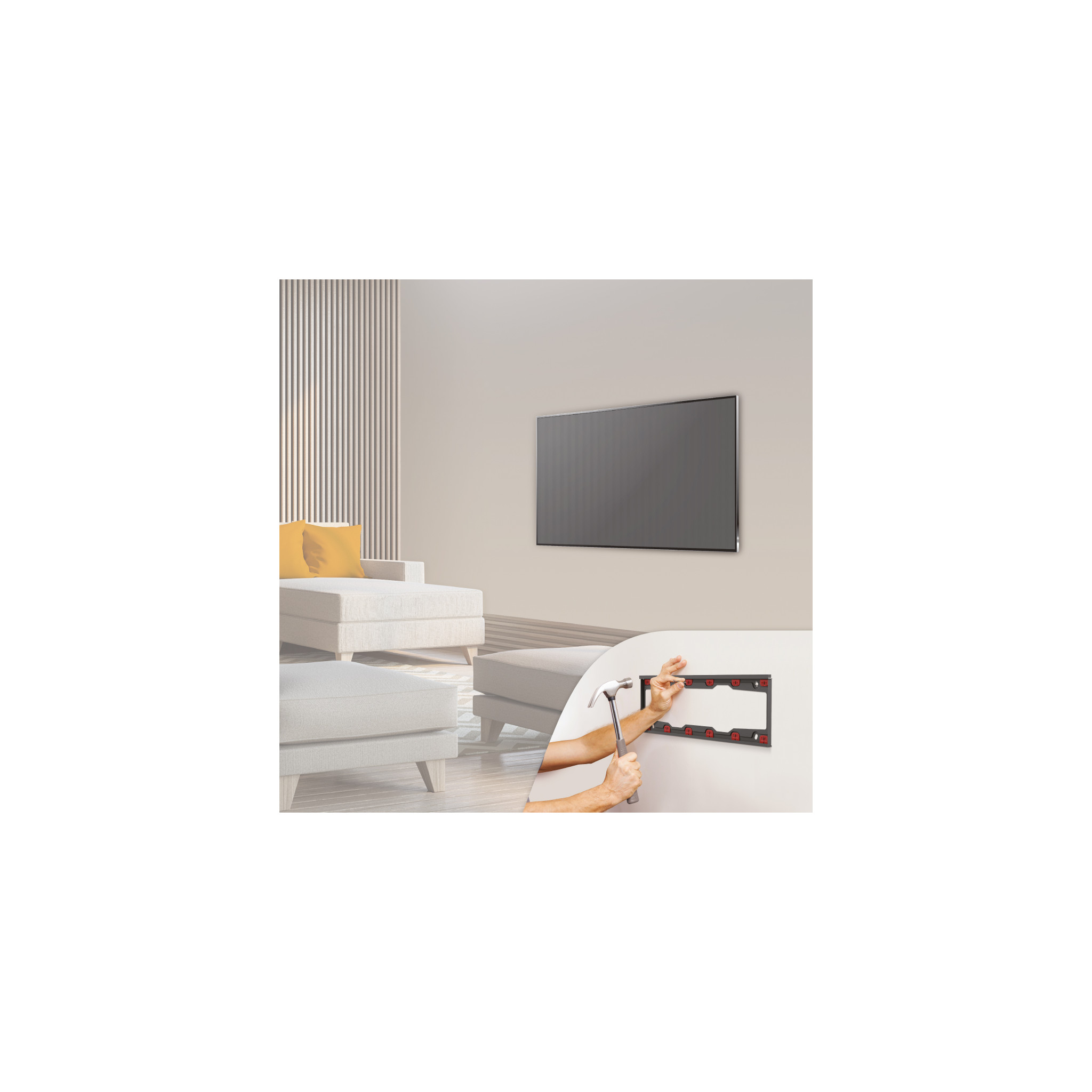 Image shows a TV mounted on a wall with a wall mount, and a person using a hammer.