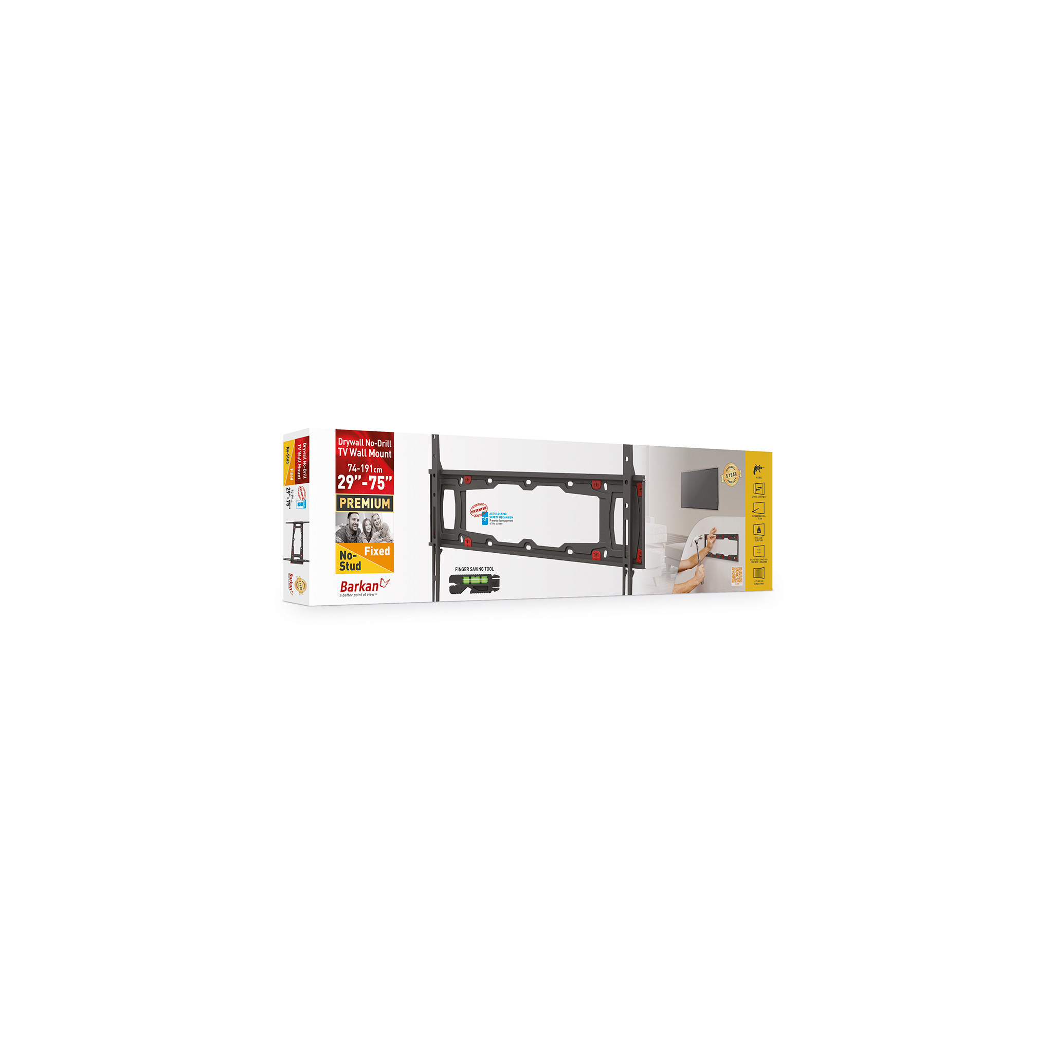 Boxed TV wall mount kit, with product details and a person using the mount.