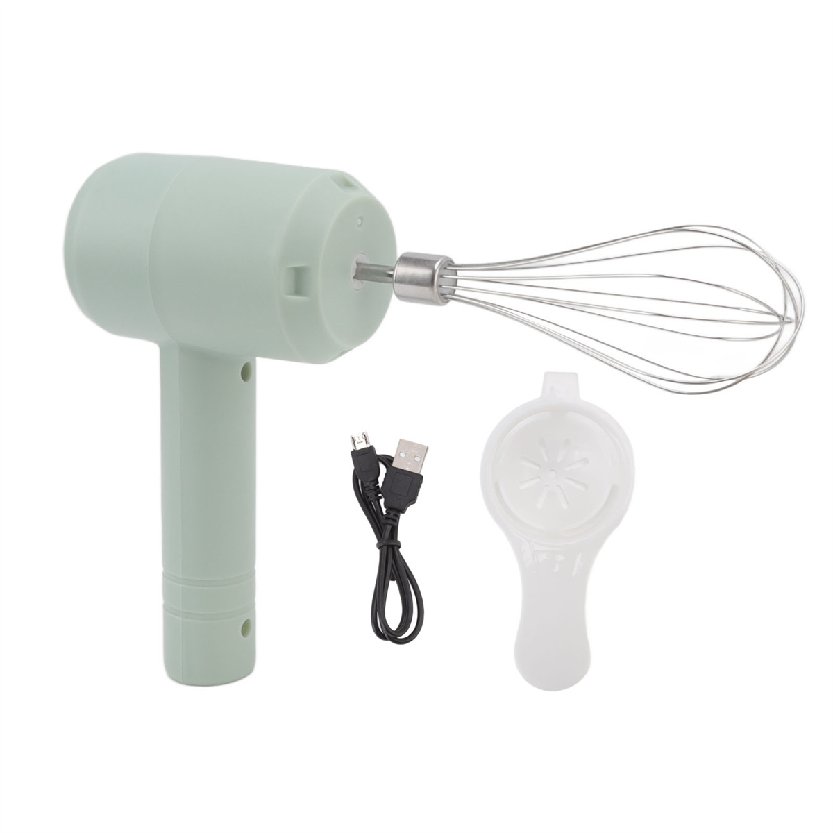 Ein hellgrüner Handmixer, Eiertrenner und USB-Ladekabel.