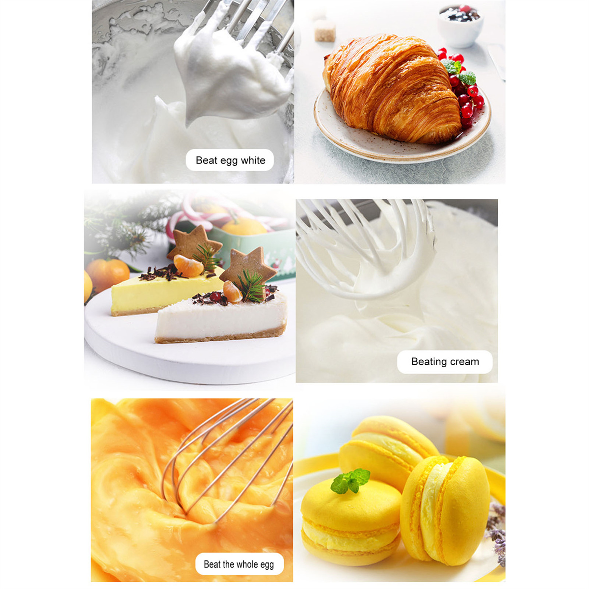 Collage von Bildern, die die Zubereitung von Speisen zeigen: Eiweiß, Croissant, Sahne, Kuchen, Ei und Makronen.