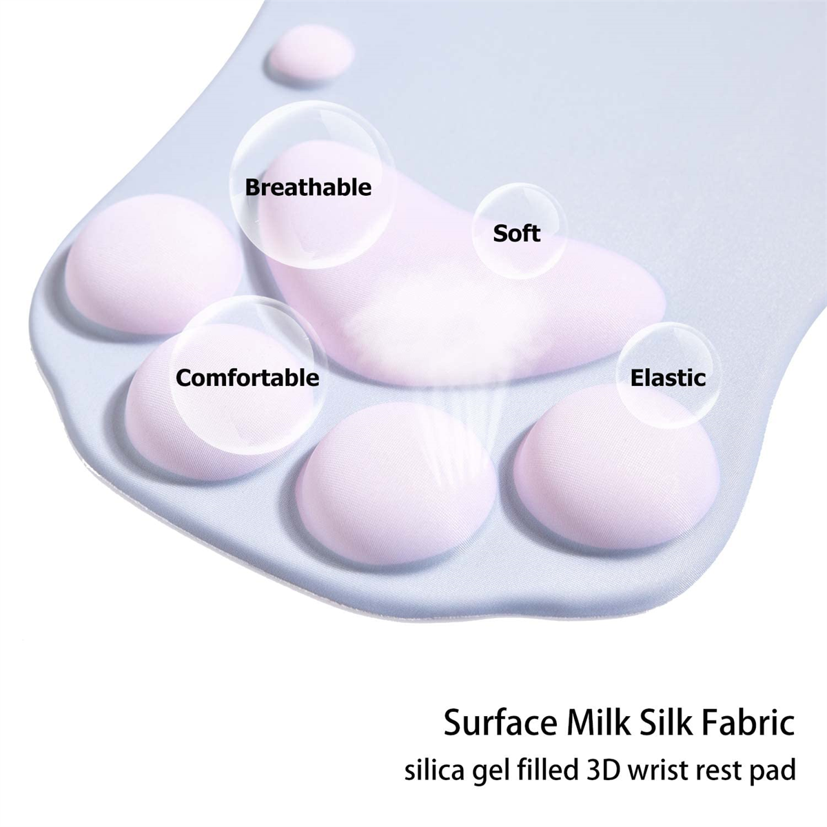 Ein hellblaues Handgelenkstützpad mit rosa, mit Gel gefüllten Pads. Der Text darauf zeigt 'bequem', 'atmungsaktiv'.