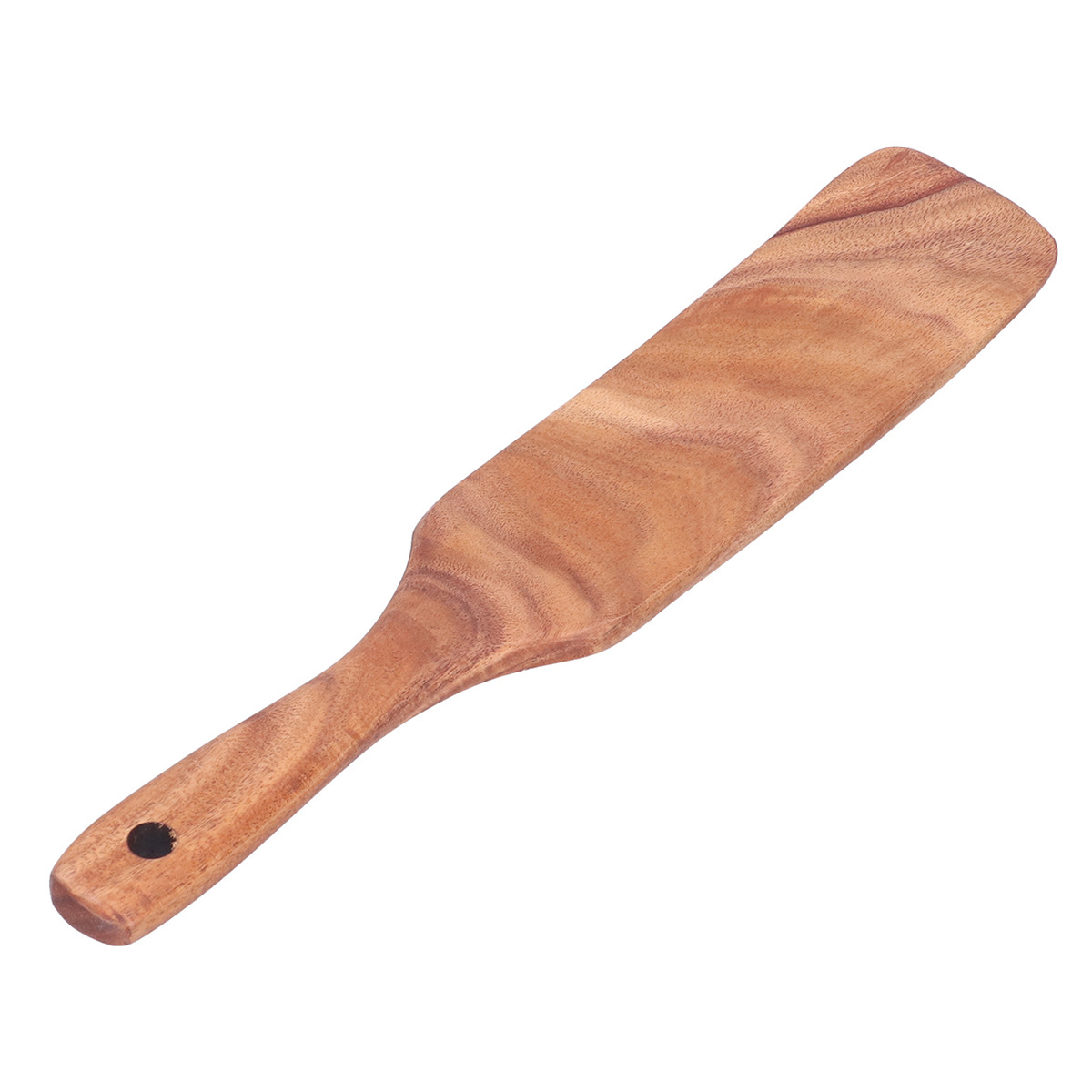Holzspatel auf weißem Hintergrund, mit einem Loch im Griff.