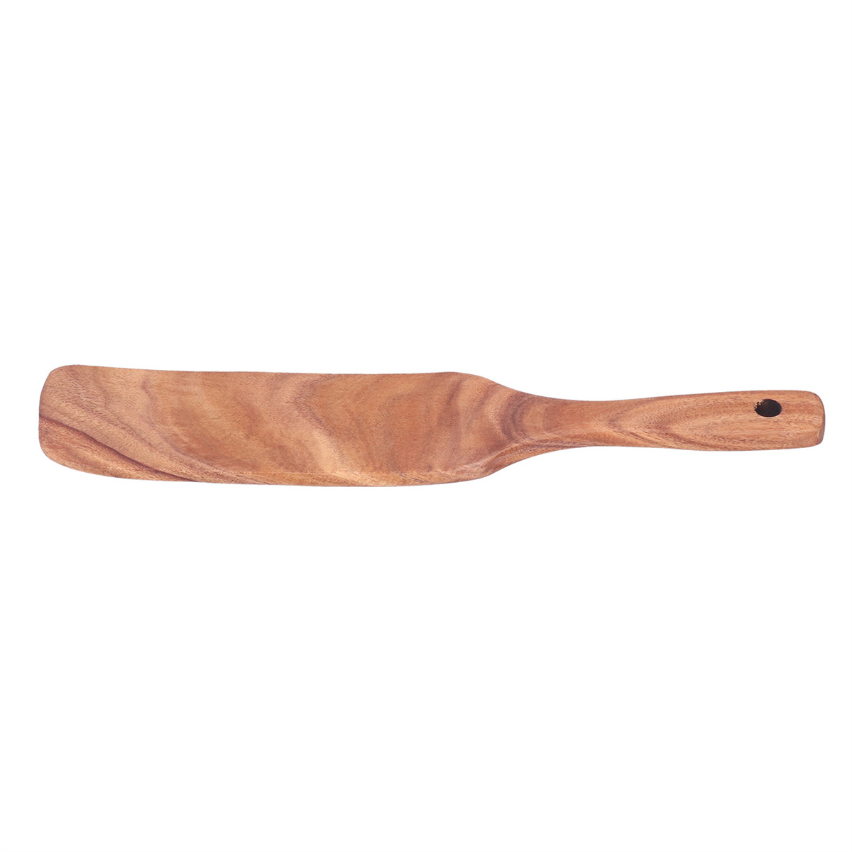 Holzspatel auf weißem Grund. Griff hat ein Loch. Hellbraune Farbe mit Holzmaserung.
