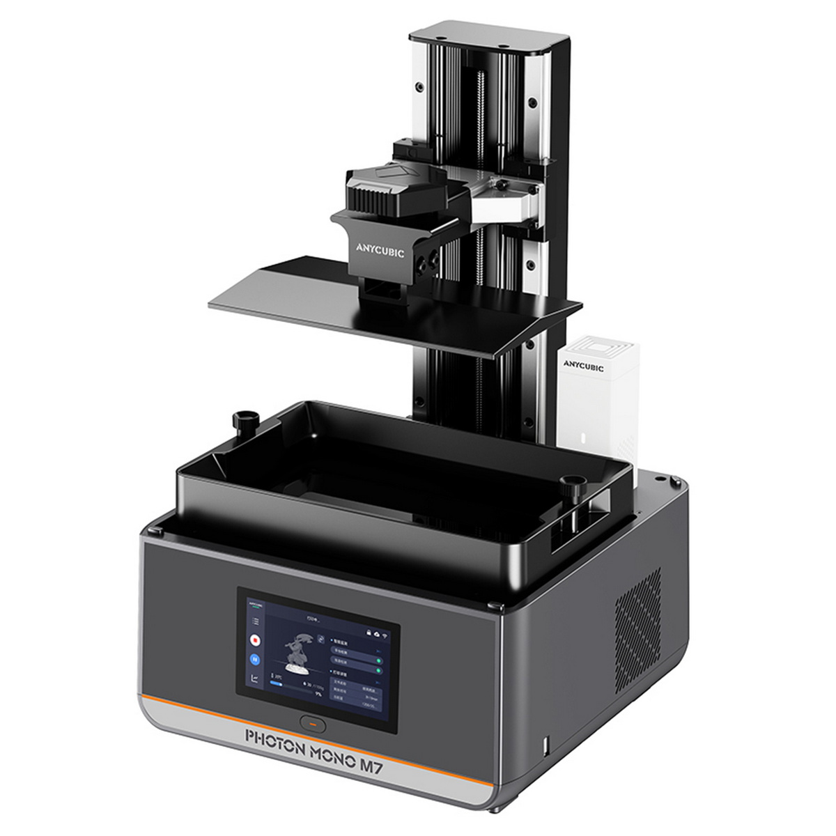 3D-Drucker, schwarz und grau, mit Touchscreen-Oberfläche, auf weißer Oberfläche.