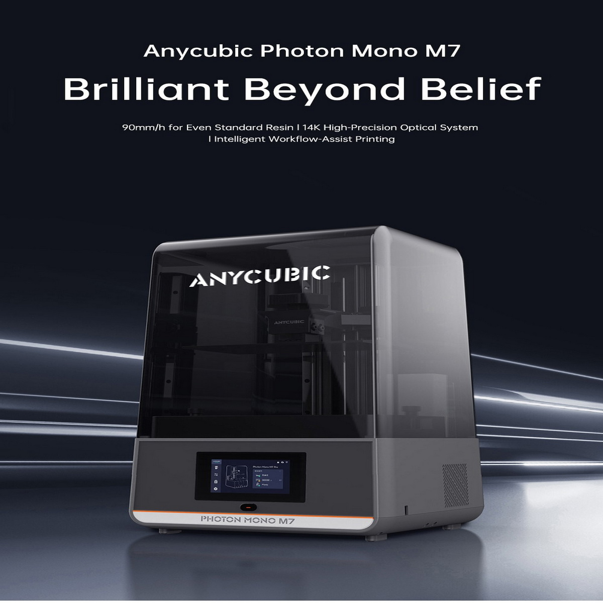Schwarzer 3D-Drucker mit Text. Der Hintergrund ist dunkel, mit weißem Text: Anycubic Photon Mono M7.
