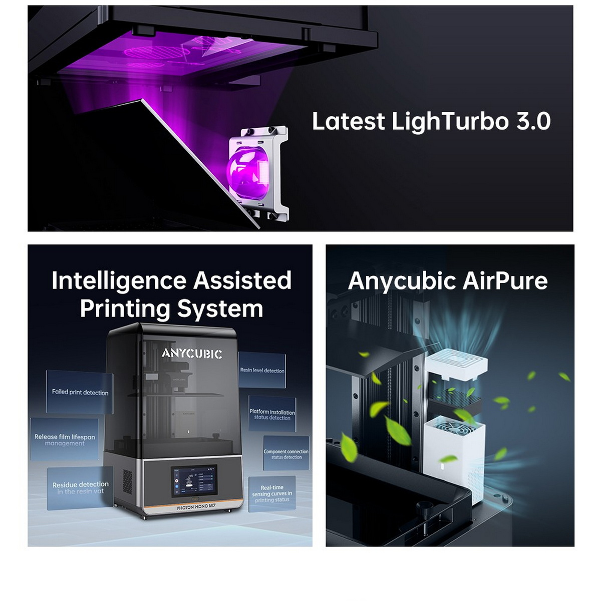 Ein 3D-Drucker und seine Teile. Eine weiße Box und andere Teile mit dem Text "Latest LightTurbo 3.0".