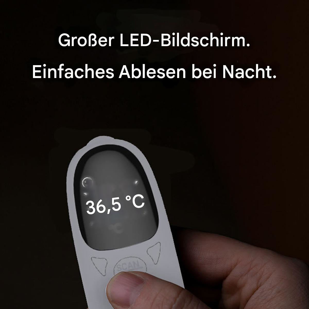 Hand hält weißes Thermometer mit 36,5°C, deutscher Text.