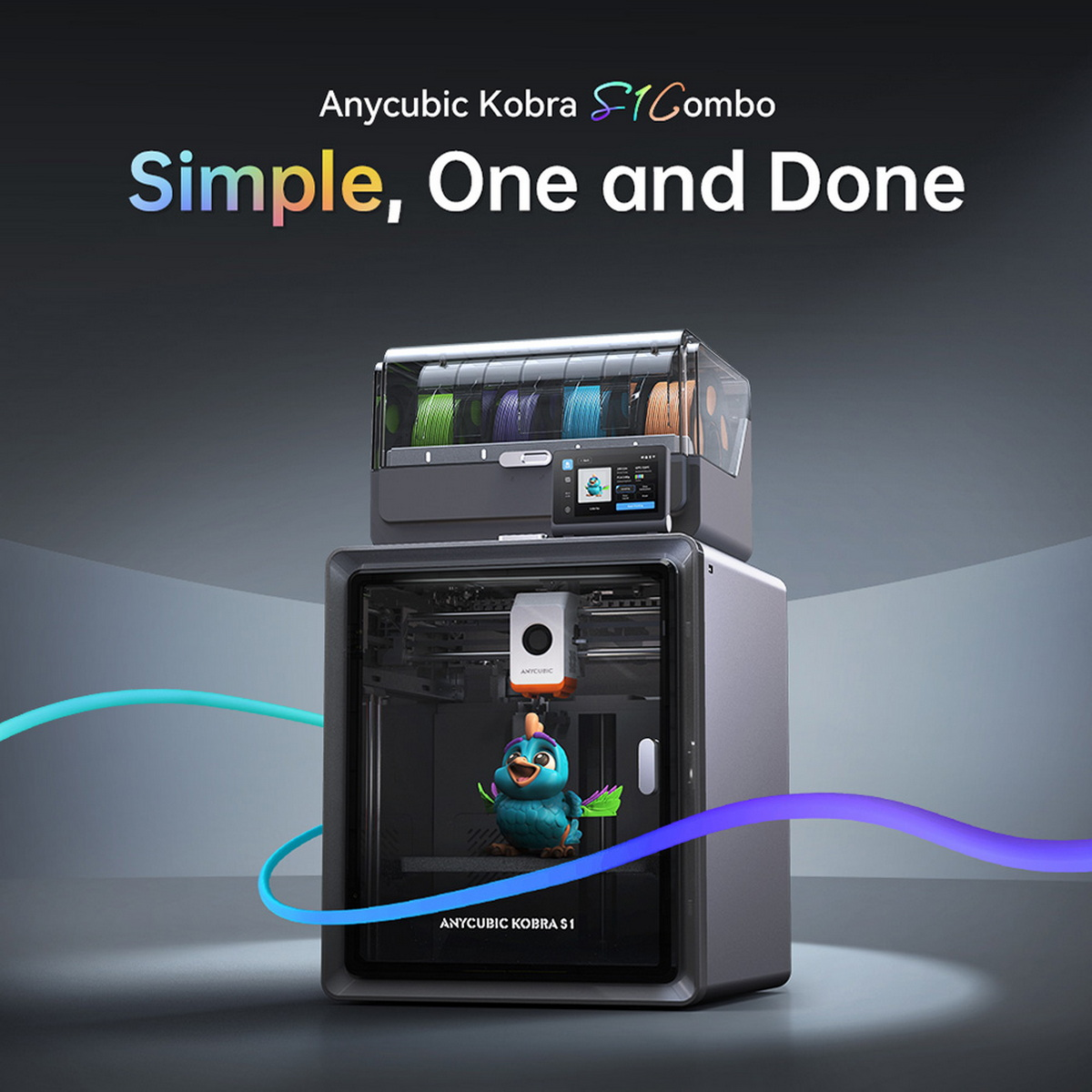 Drukarka 3D z kolorowym filamentem, modelem i nakładką tekstową: 'Simple, One and Done'.